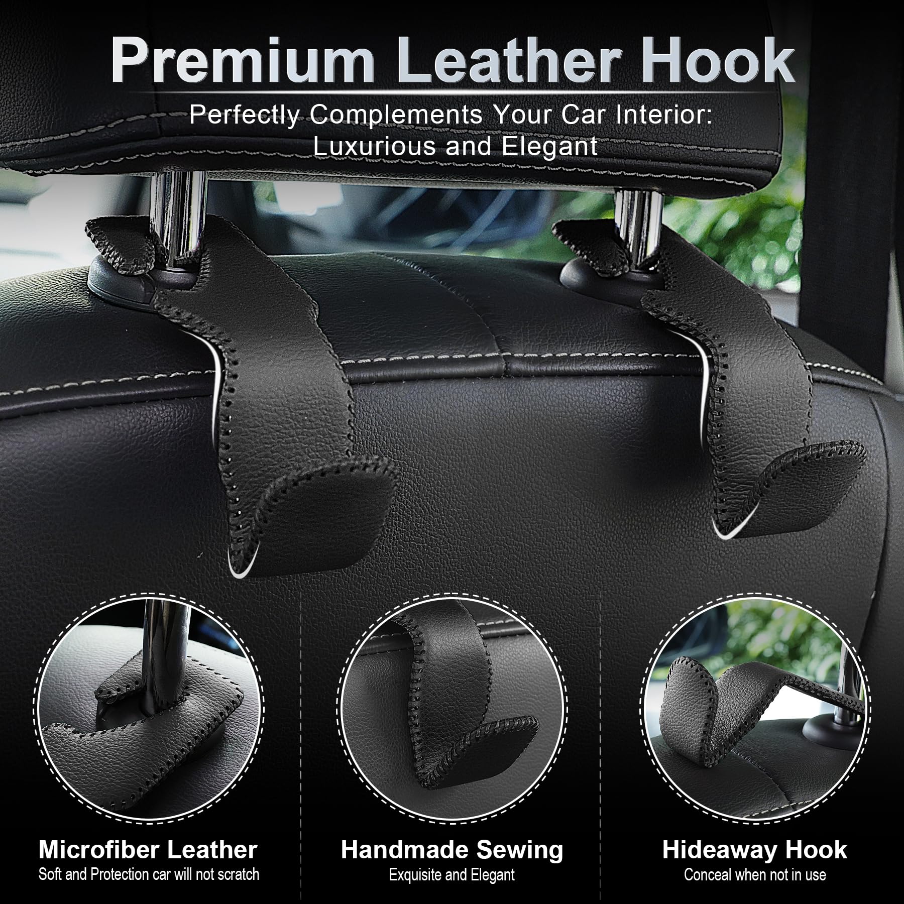 Livtee Headrest Hook For Car, Back Seat Organizer Black Leather Hanger Holder Hook, Interior Car Accessories For Hanging Purses