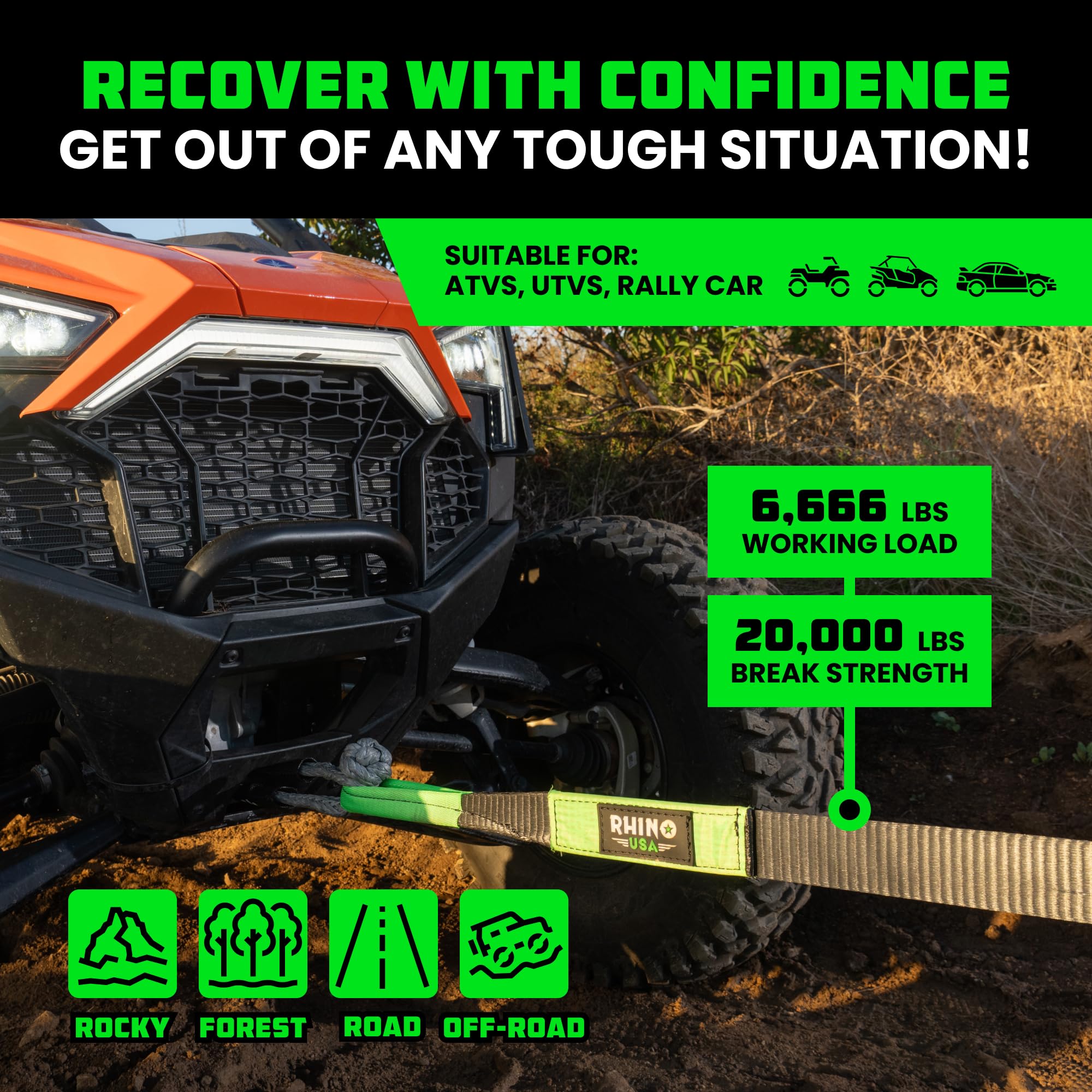 Rhino Usa Recovery Tow Strap (2'' X 20') - 20,024Lb Break Strength - Emergency Recovery Strap Tow Rope For Utv, Atv & More - Hea