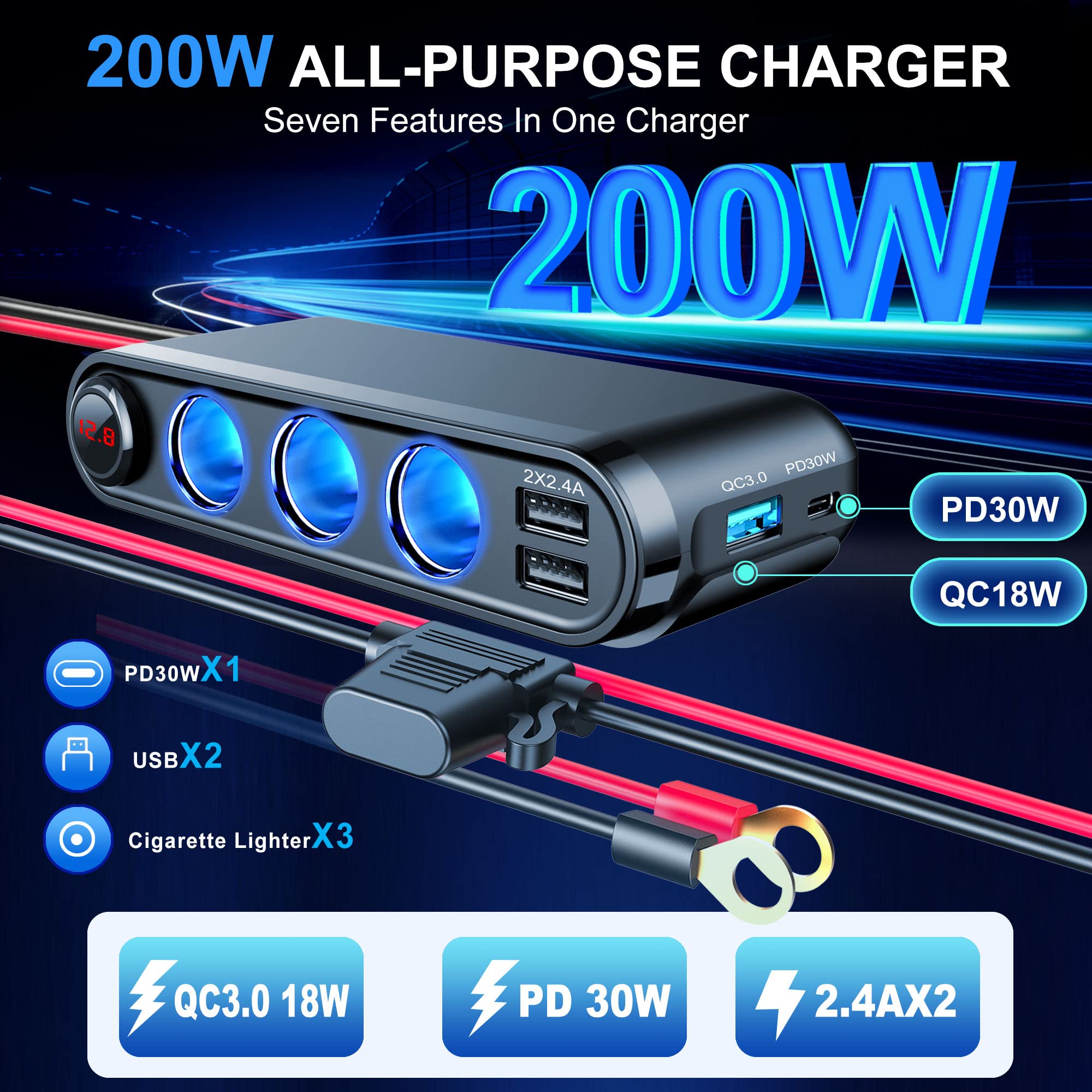 EUGIZMO 12V Cigarette Lighter Socket Splitter, 200W 3 Socket Multi Port Car Cigarette Lighter Adapter Plug Splitter USB Charger