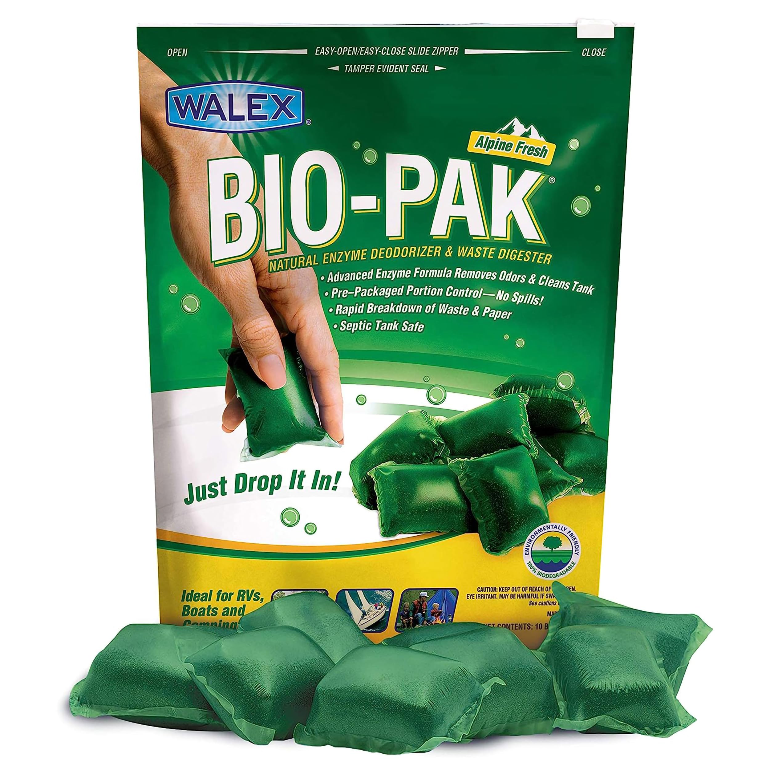 Walex Bio-Pak Black Holding Tank Deodorizer & Waste Digester Drop-Ins - Advanced Enzyme Formula for Rapid Breakdown of Waste & P
