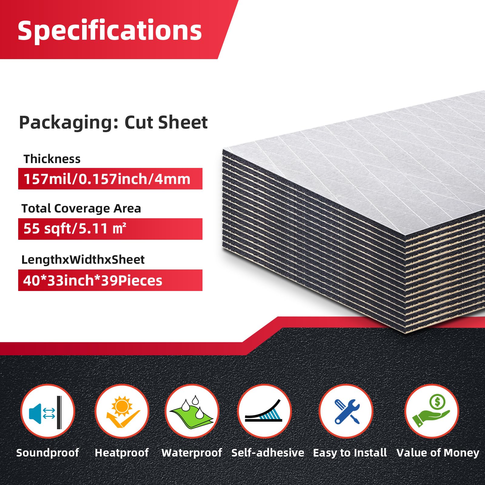 Aggsound 157Mil 55Sqft Universal Sound Deadener For Cars, Auto Closed Cell Foam Noise Deadening Material-Heat Hood Shield Insula