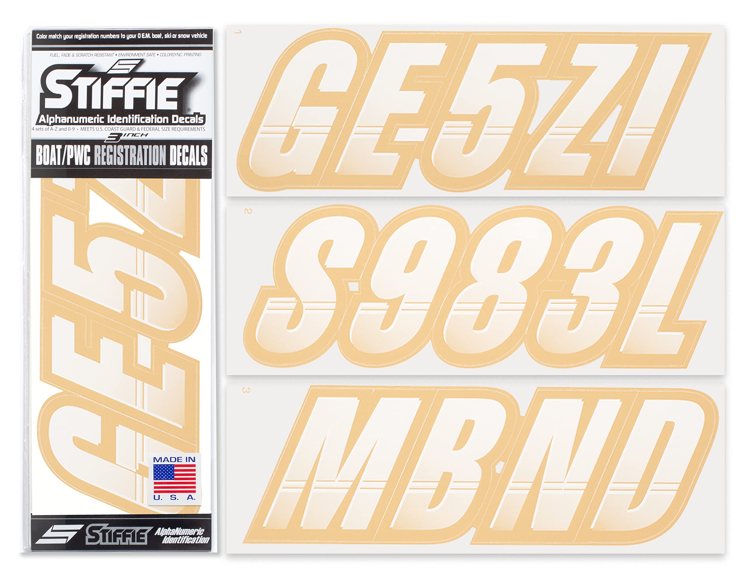 Stiffie Techtron White/Tan 3 '' Boat & Pwc Registration Decals  Numbers Letters Stickers