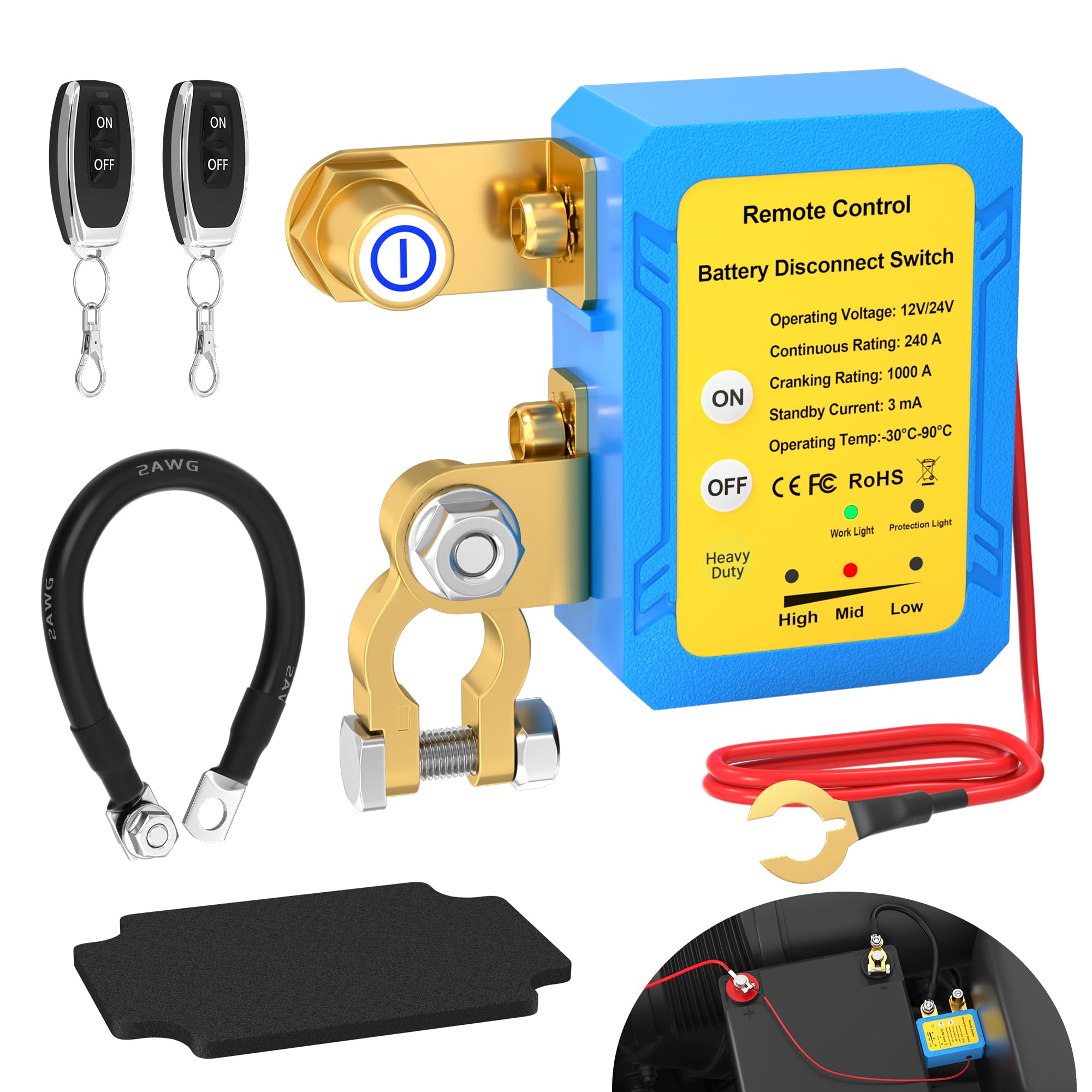 Joinfworld Kill Switch for Car 12V 240A Remote Battery Disconnect Switch Car Anti Theft Kill Switch Automatic Battery Shut Off S