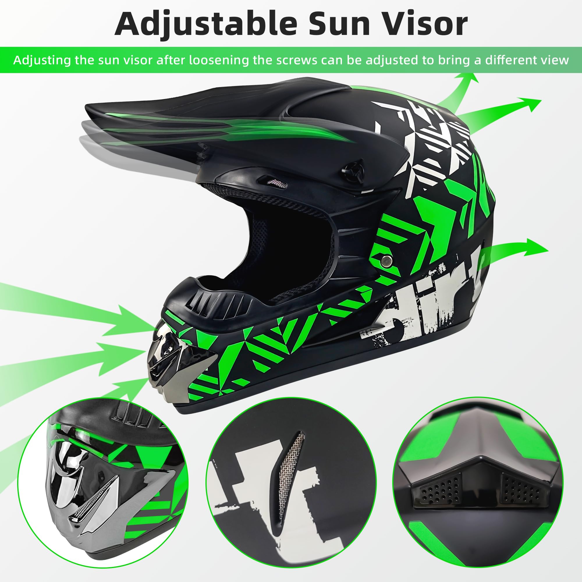 Sanqing Motocross Helmet Fashion Youth Adult Dirt Bike Helmet Unisex-Adult Dirt Bike Off-Road Mountain Bike Motorcycle Helmet Dot Approved (Gloves Goggles Face Shield) 4Pcs Set (Large, Blackgreen)