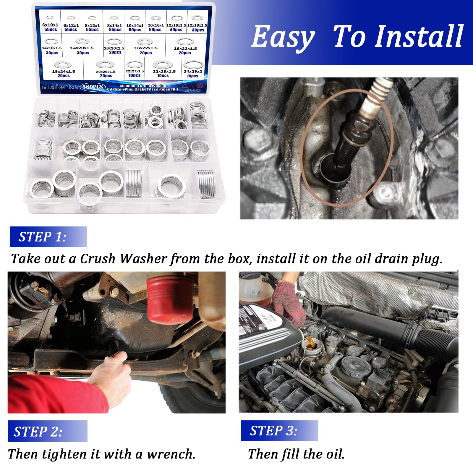 maierke 580PCS Crush Washer Oil Drain Plug,18 Sizes Aluminum Oil Drain Plug Gasket Assortment,Automotive Engine Crush Washers (M