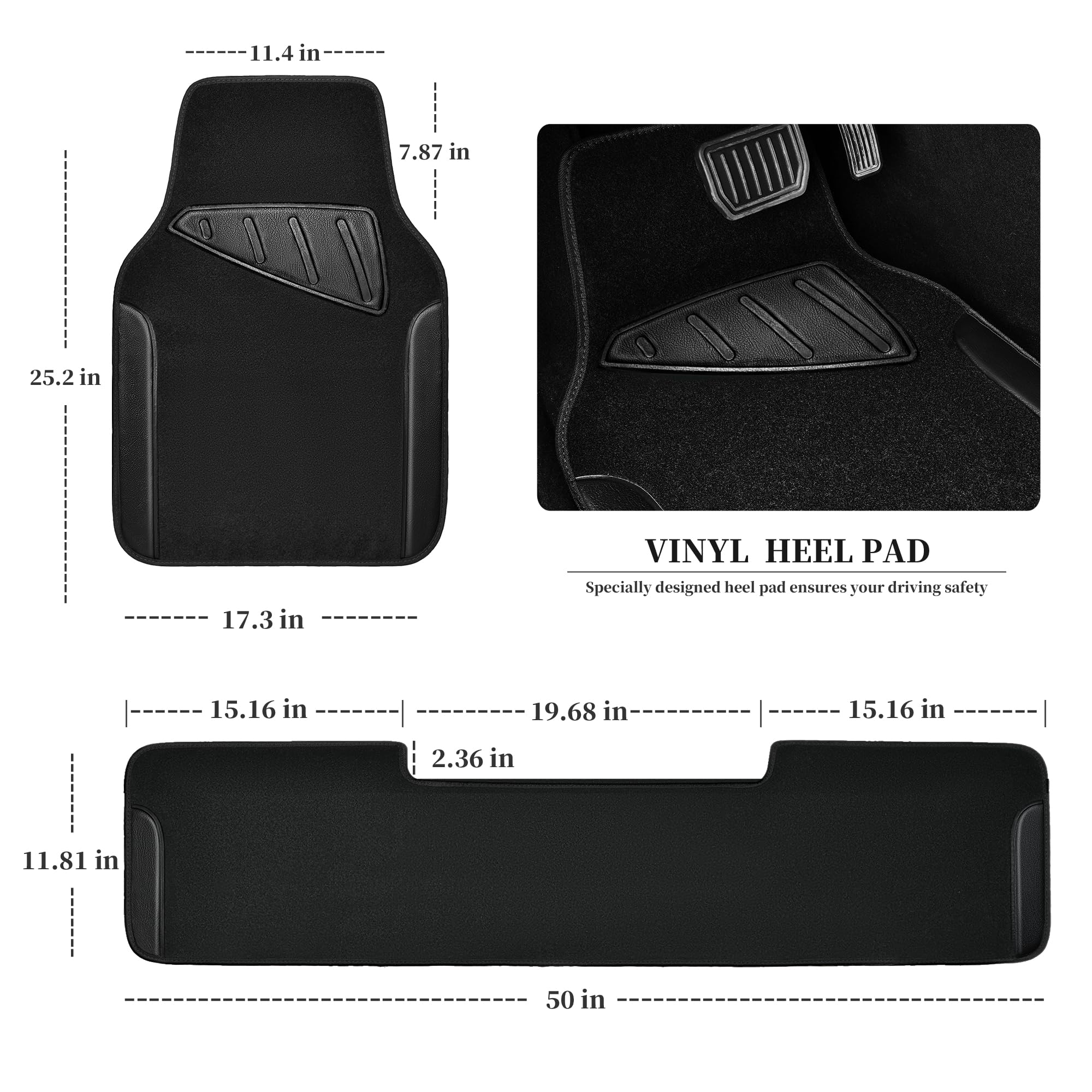Car Pass Waterproof Universal Faux Leather 3Pcs Car Floor Mats, Black Car Mats Fit For Suv,Vans,Sedans, Trucks,Set Of Vehicles Car Carpet With Driver Heel Pad And Anti-Slip Nibs Backing (Black 3Pcs)