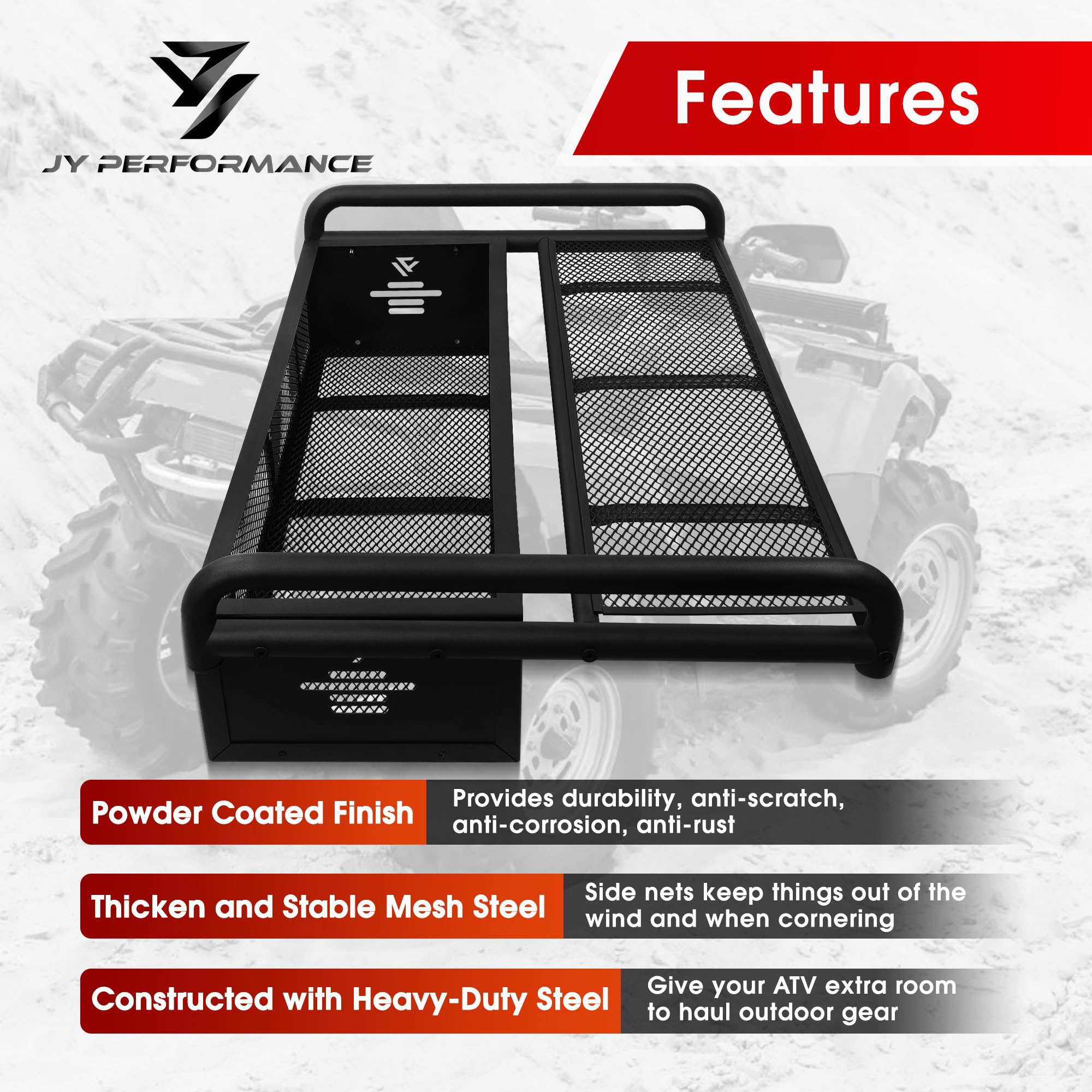 JY PERFORMANCE ATV Rear Cargo Basket, Alloy Steel, Black, Model DAC001, Universal Storage Rack for Camping/Fishing/Hiking