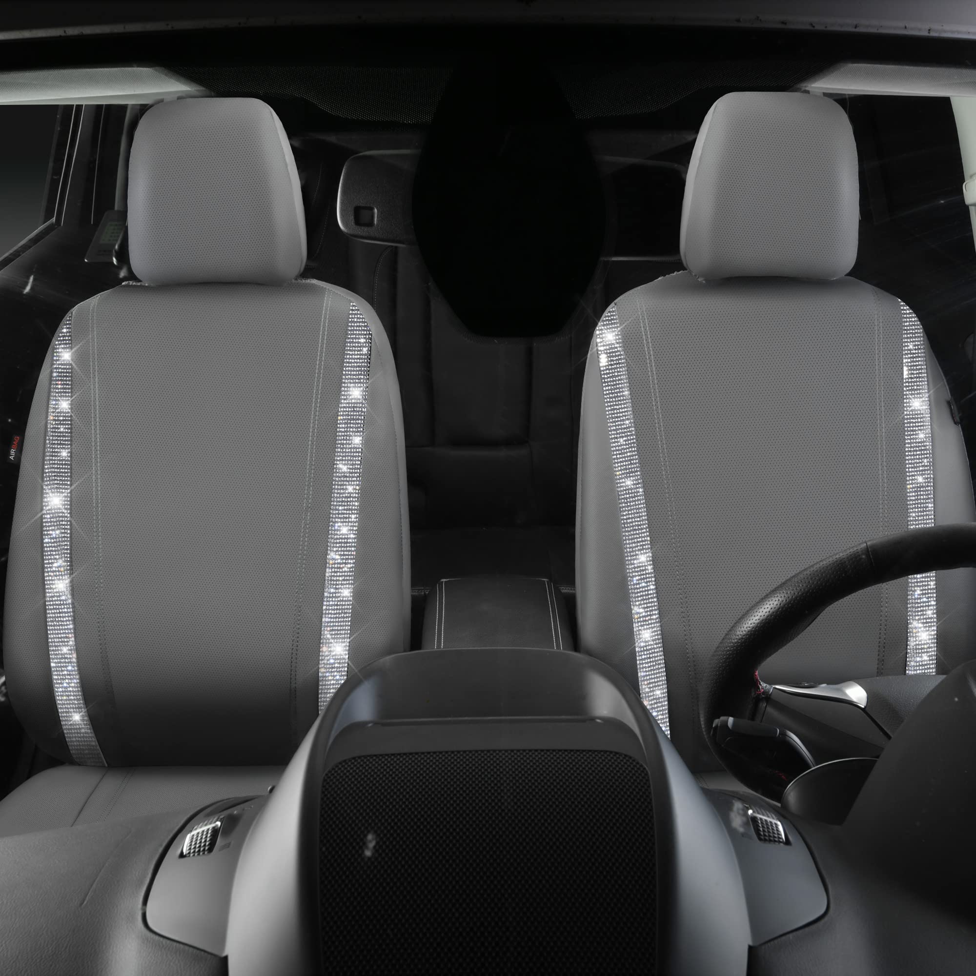 Car Pass Gray Leather Diamond Bling Car Seat Covers 2 Front Interior Sets, Waterproof Universal Shining Glitter Crystal Sparkle