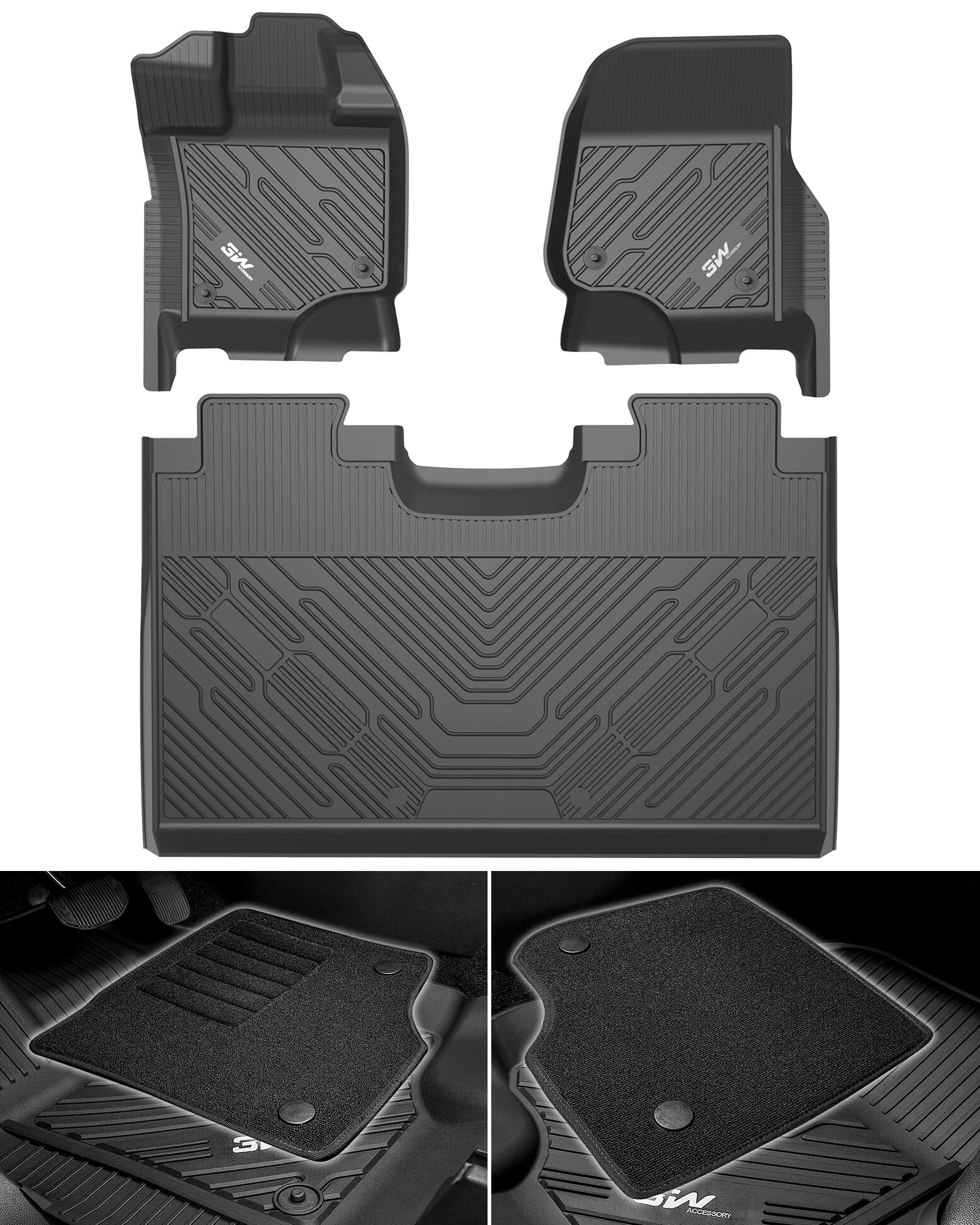 3W Floor Mats & Front Carpet Fit For Ford F150/F-150 Lighting Supercrew Cab 2015-2024, Tpe All Weather Accessories Custom Fit Fu