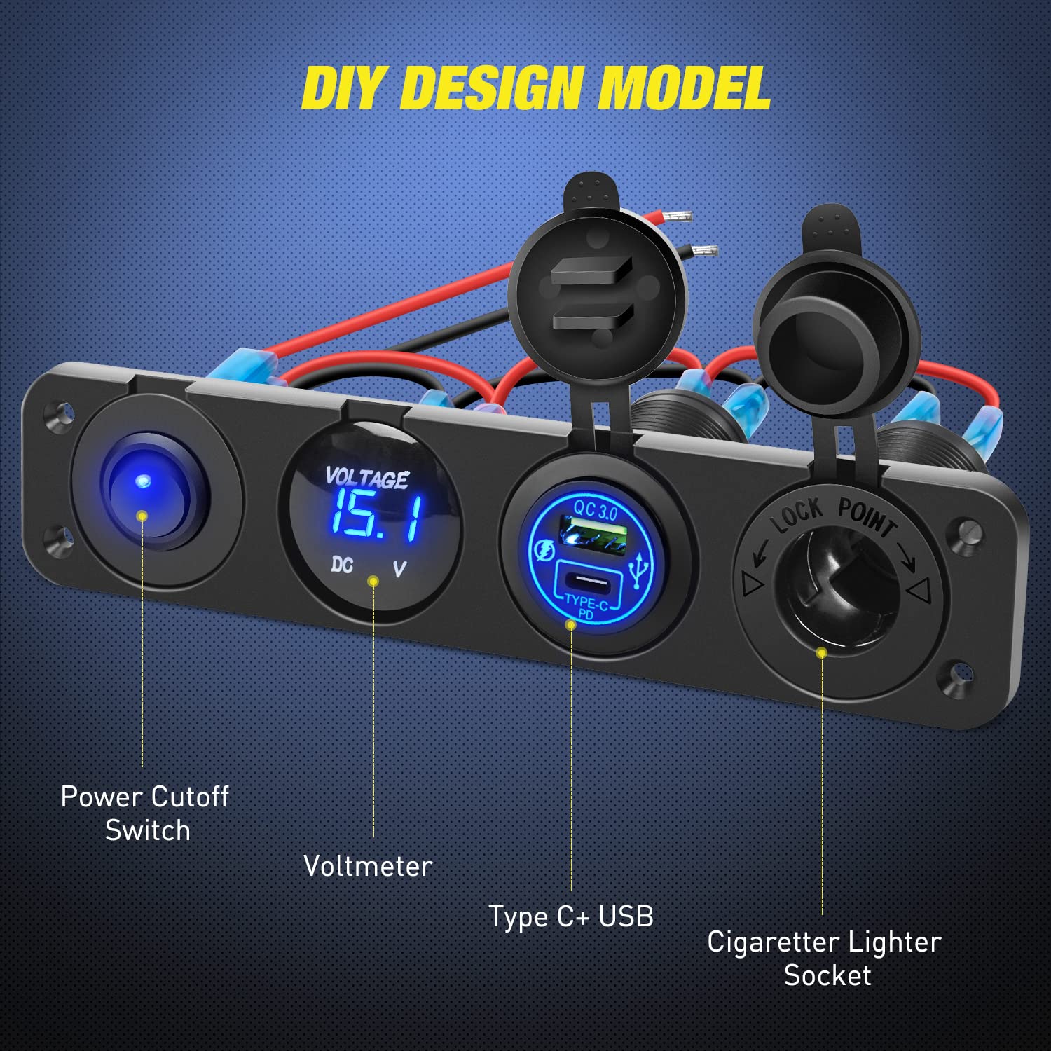 Nilight 4 In 1 On/Off Charger Socket Panel Pd Type C And Qc 3.0 Usb Socket Power Outlet Led Voltmeter Cigarette Lighter Socket O