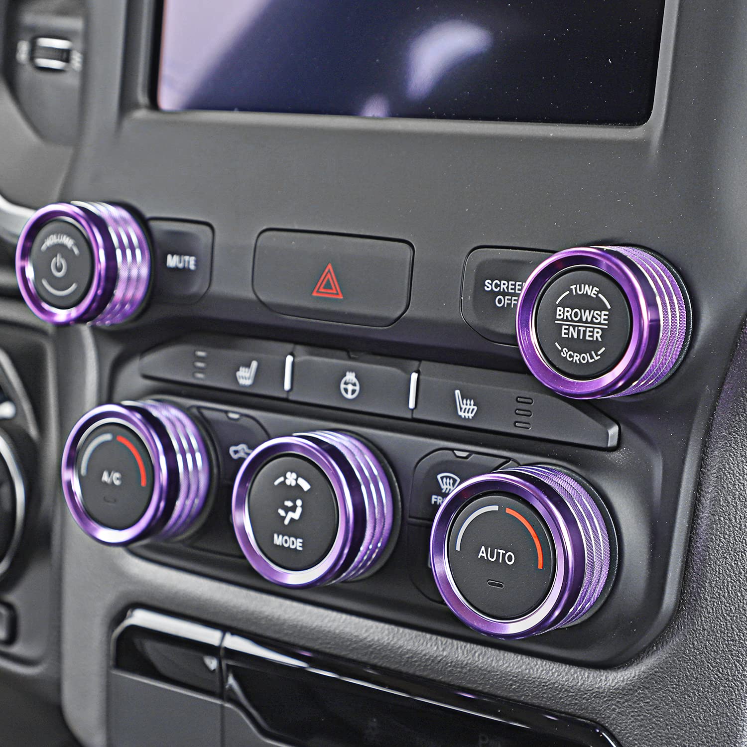 Voodonala for Dodge RAM Aluminum Center Console AC Radio Switch Knob Cover for 2018-2025+1 RAM Interior Accessories, 5pcs Purple