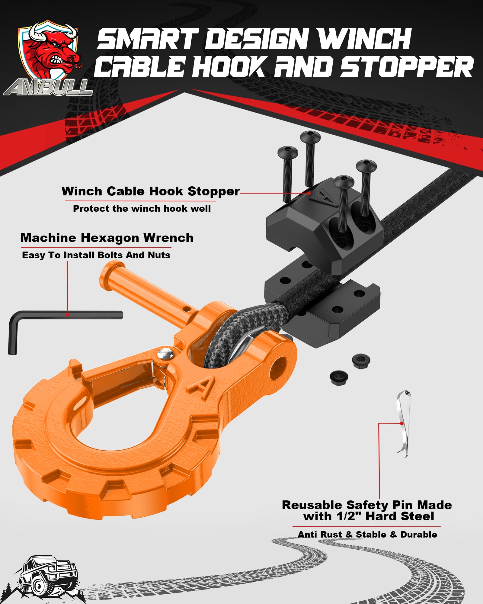 Ambull Heavy Duty Forged Steel 3/8'' Grade 70 Safety Latch Winch Cable Hook Stopper & Clevis Slip Hook Sets, Included Allen Wren