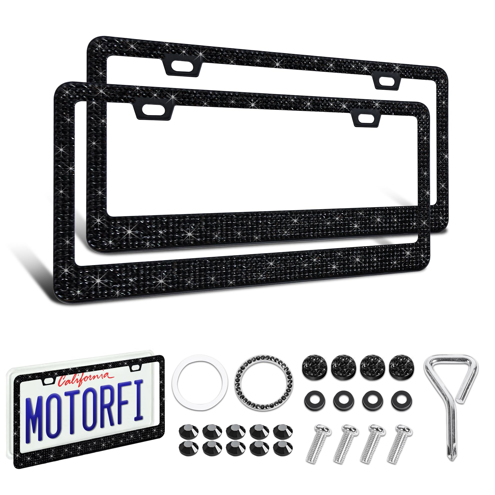 Motorfi 2 Pack Black Bling License Plate Frames For Women - Stainless Steel With Diamond Sparkly Rhinestone License Plate Holder