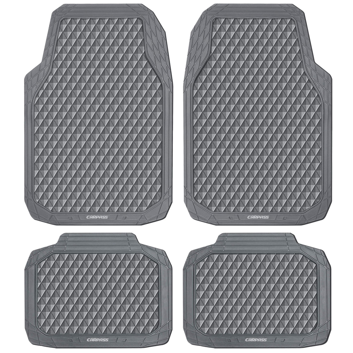 CAR PASS Gray Rubber Car Mats, All-Weather Floor Mats Full Set Durable Anti-Slip 3D Rhombus Waterproof Automotive Pad Trim to Fi