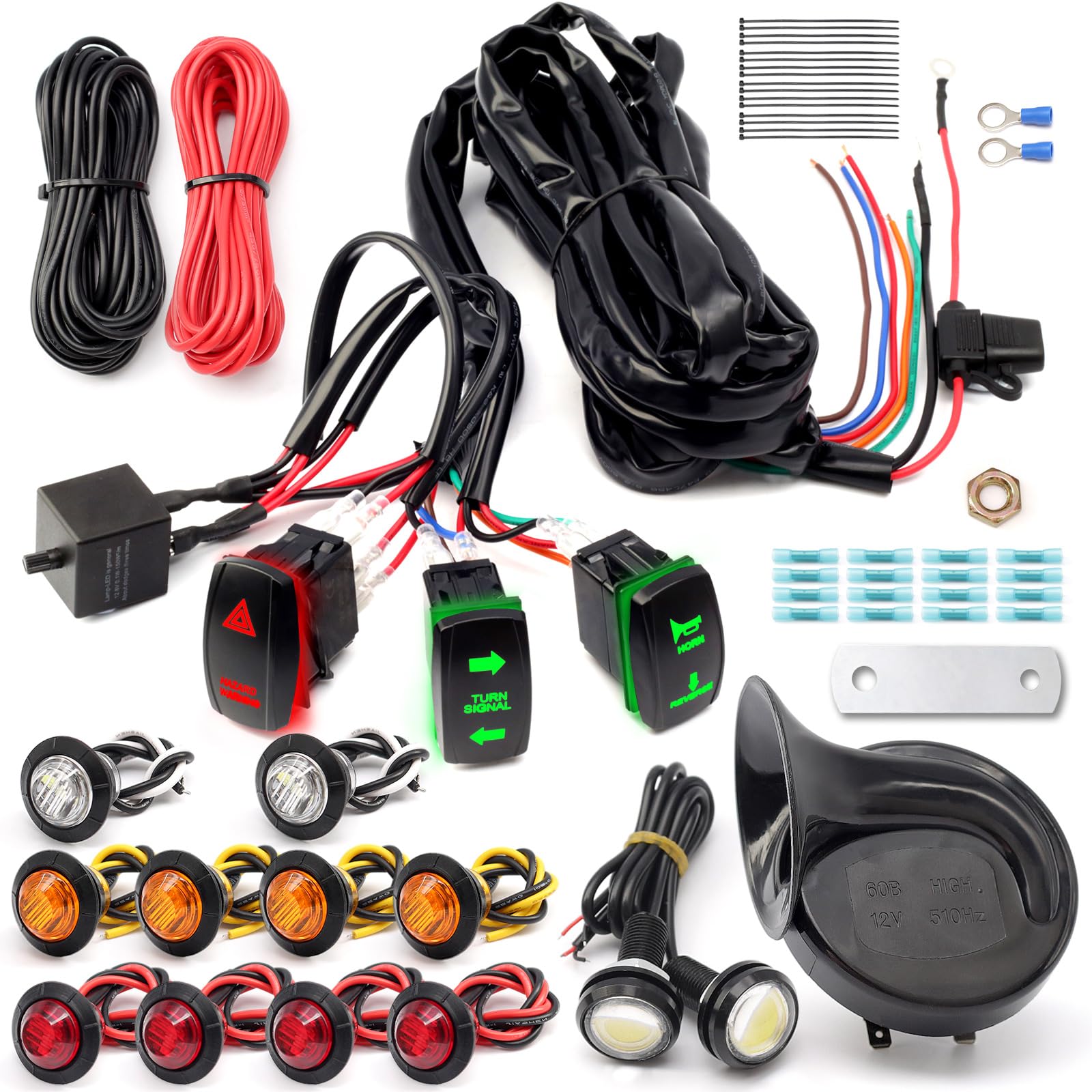 Pre-Wired ATV UTV Turn Signal Kit, Universal Dirt Bike Street Legal Kit with Horn Reverse Hazard Turn Light Rocker Switch & Flas