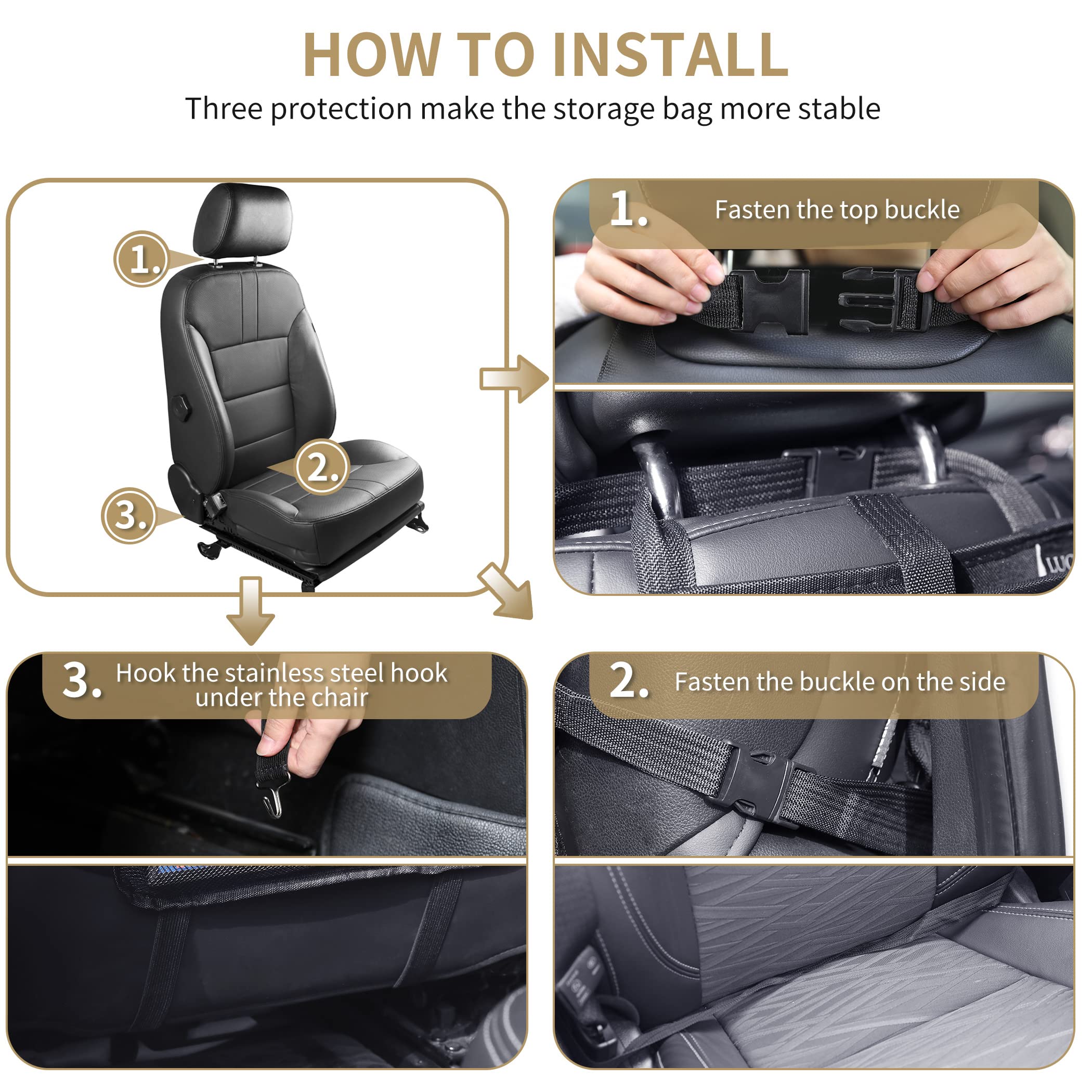 LUCMO Car Backseat Organizer with Tablet Holder, 6 Storage Pockets, Foldable Tray, Black, Model LCS-BT3P