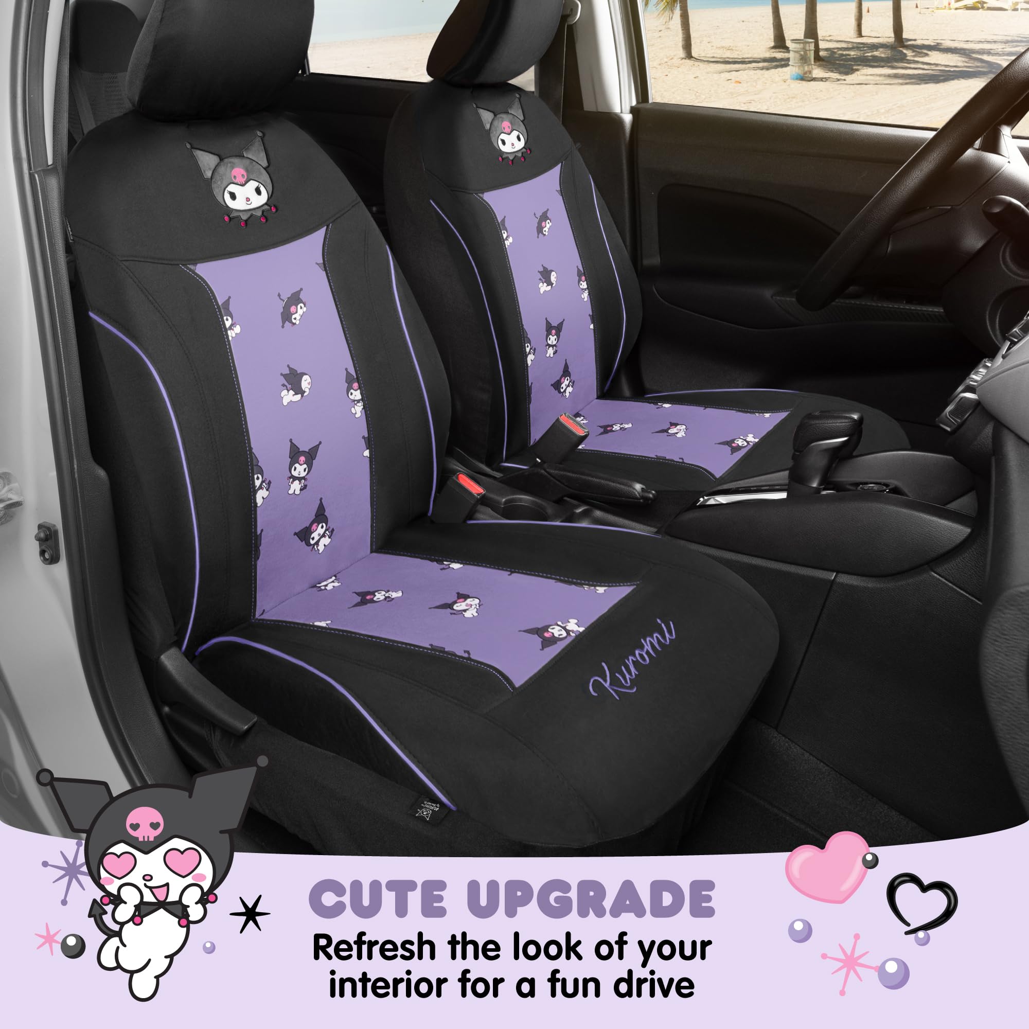 Hello Kitty Kuromi Car Seat Covers - Cute Black and Purple Front Seat Covers with Lavender Accents, Durable and Comfortable Poly