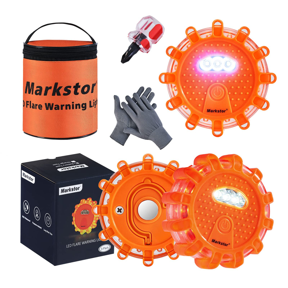 Markstor 3 Pack Of Led Emergency Car Kit Flashing Warning Lights Roadside Security For Vehicle Truck Boats With Hook, Amber Safe