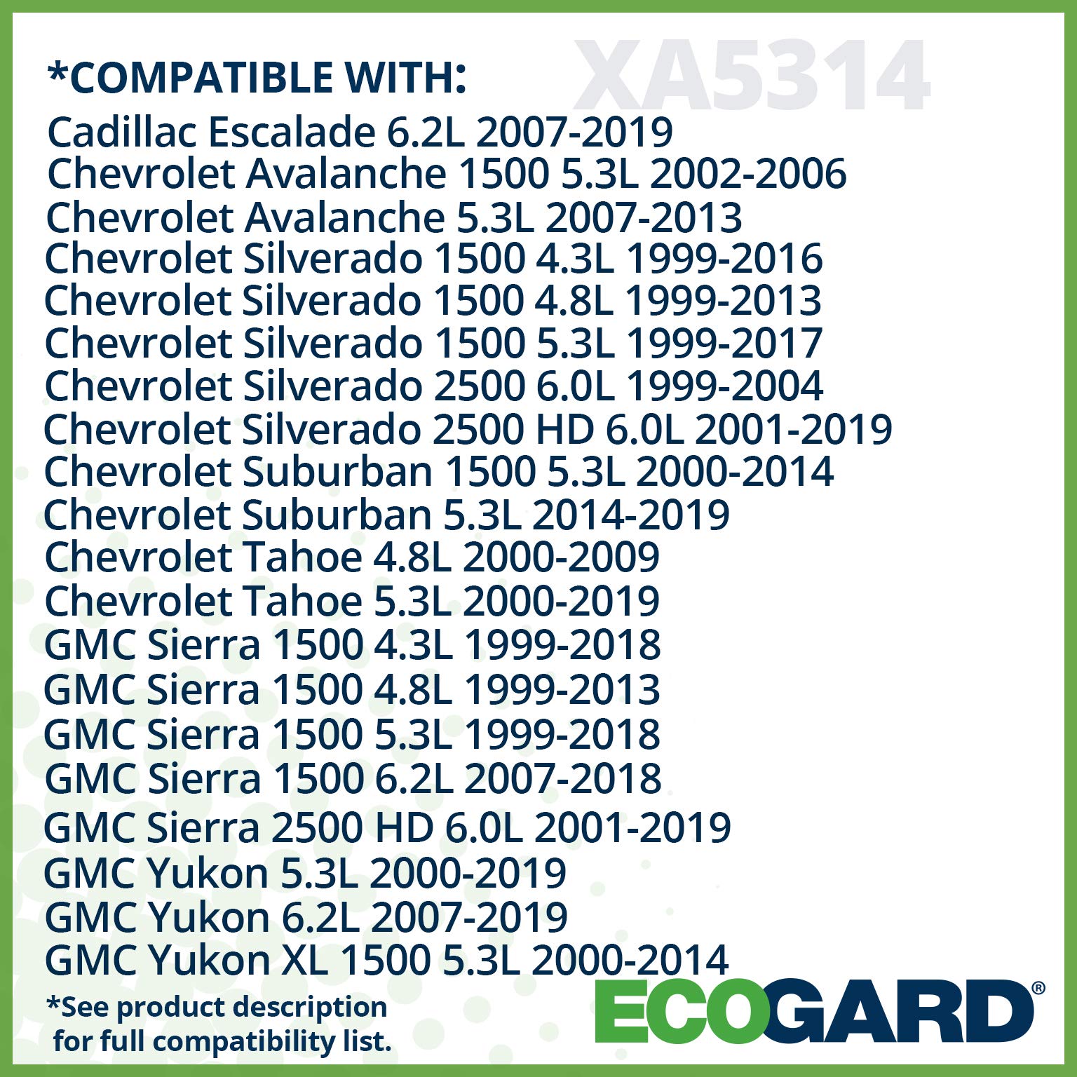Ecogard Xa5314 Premium Engine Air Filter Fits Chevrolet Silverado 1500 5.3L 1999-2017, Tahoe 5.3L 2000-2019, Silverado 2500 Hd 6