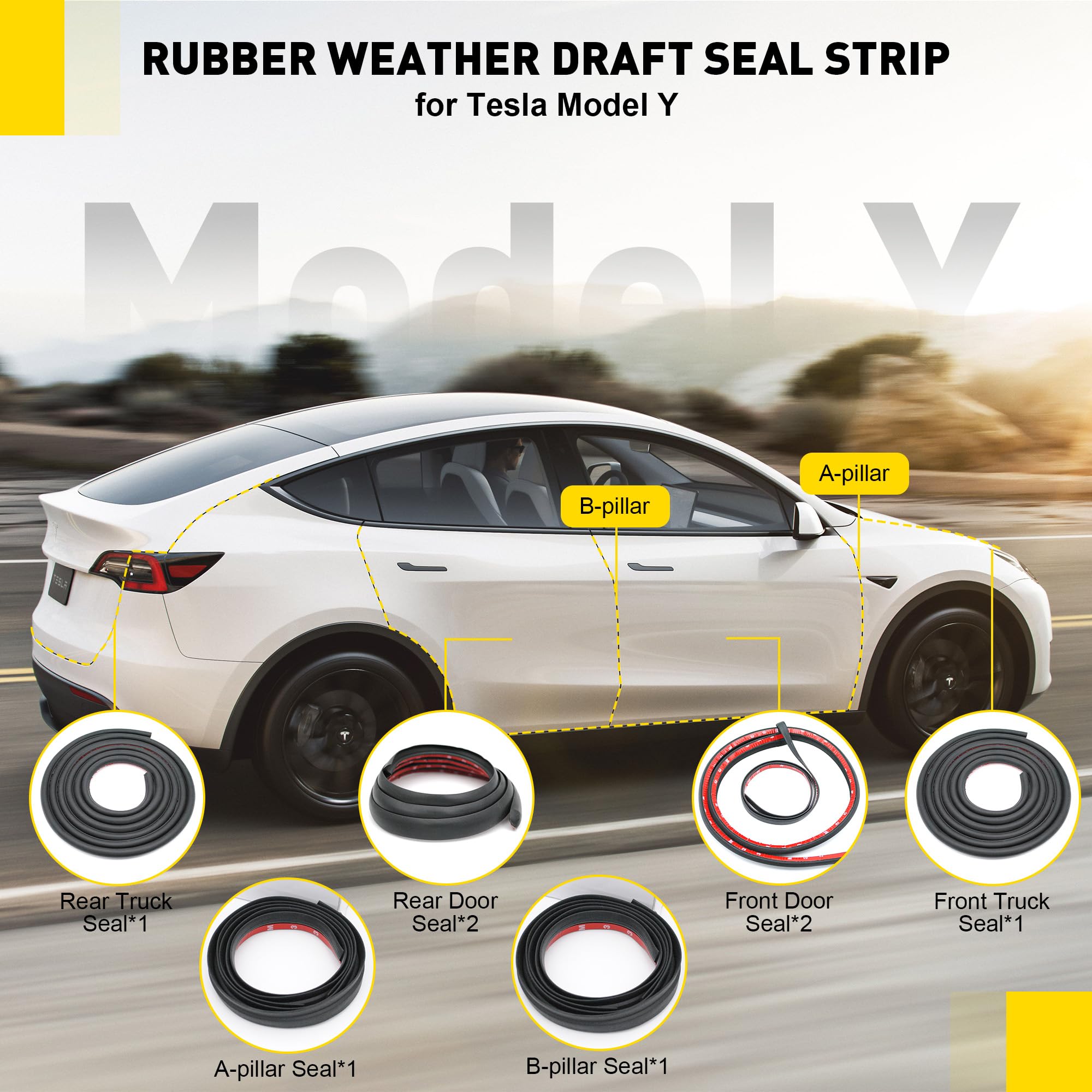 Car Weather Stripping for Tesla Model Y, Soundproof Seal for Wind Noise Reduction, Door & Trunk & A/B Pillar Rubber Seals