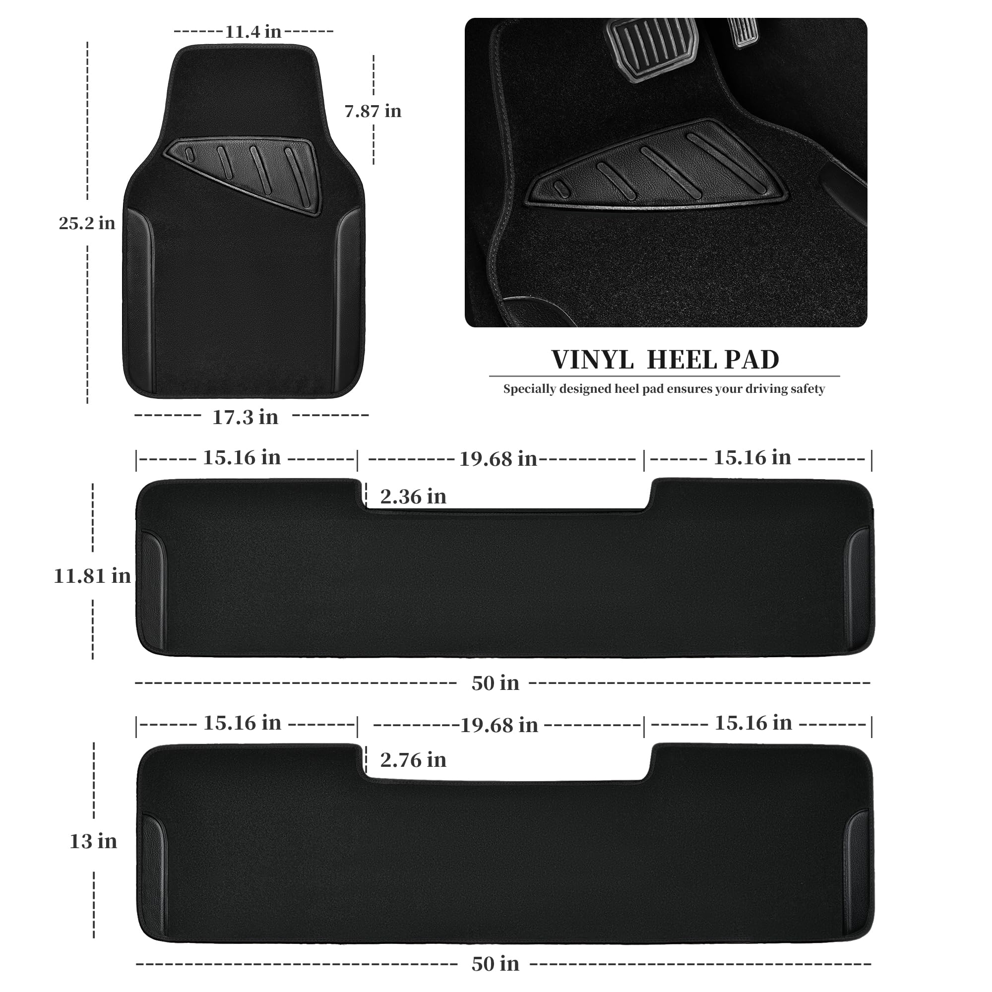Car Pass® Waterproof Universal Faux Leather 3Row Car Floor Mats, Black Car Mats Fit For Suv,Vans,Sedans, Trucks,Set Of Vehicles Car Carpet With Driver Heel Pad And Anti-Slip Nibs Backing (Black 3Row)