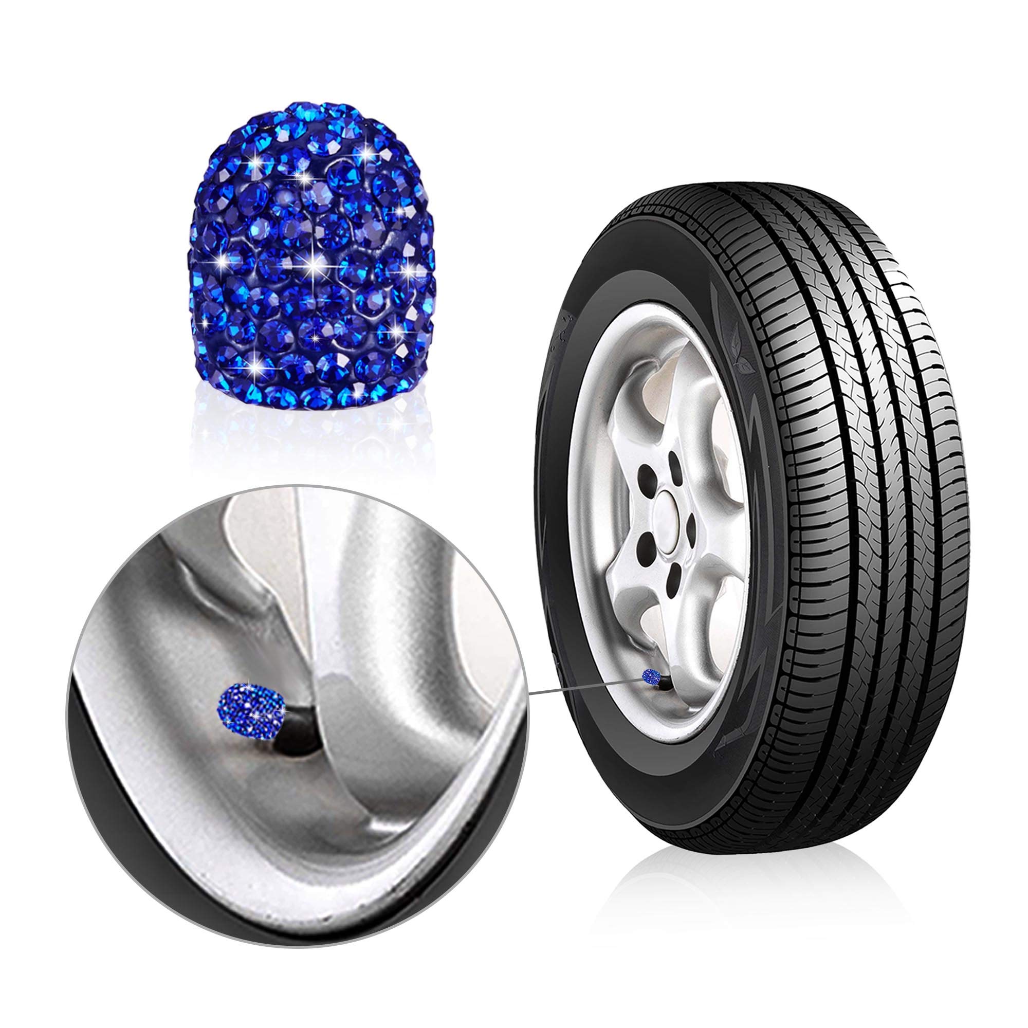 WINKA Navy Blue Rhinestone Tire Stem Valve Caps - Universal Fit, 4pcs Fashionable Diamond Valve Covers for Cars and Motorcycles