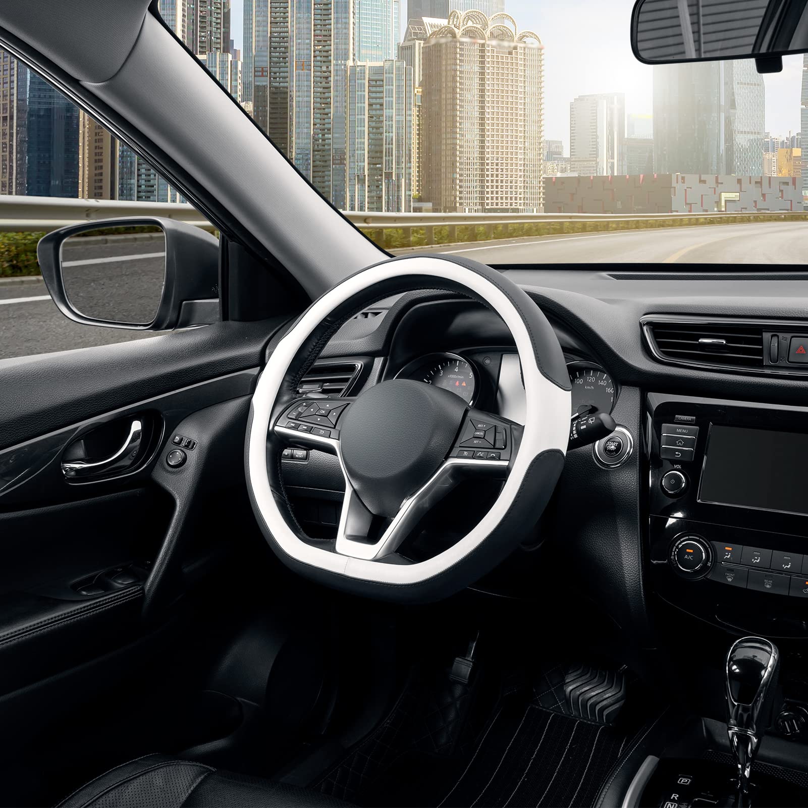 Seg Direct Flat Bottom Steering Wheel Cover, D Shaped Car Wheel Cover 14 1/2-15 In. (37-39 Cm), Black White Microfiber Leather