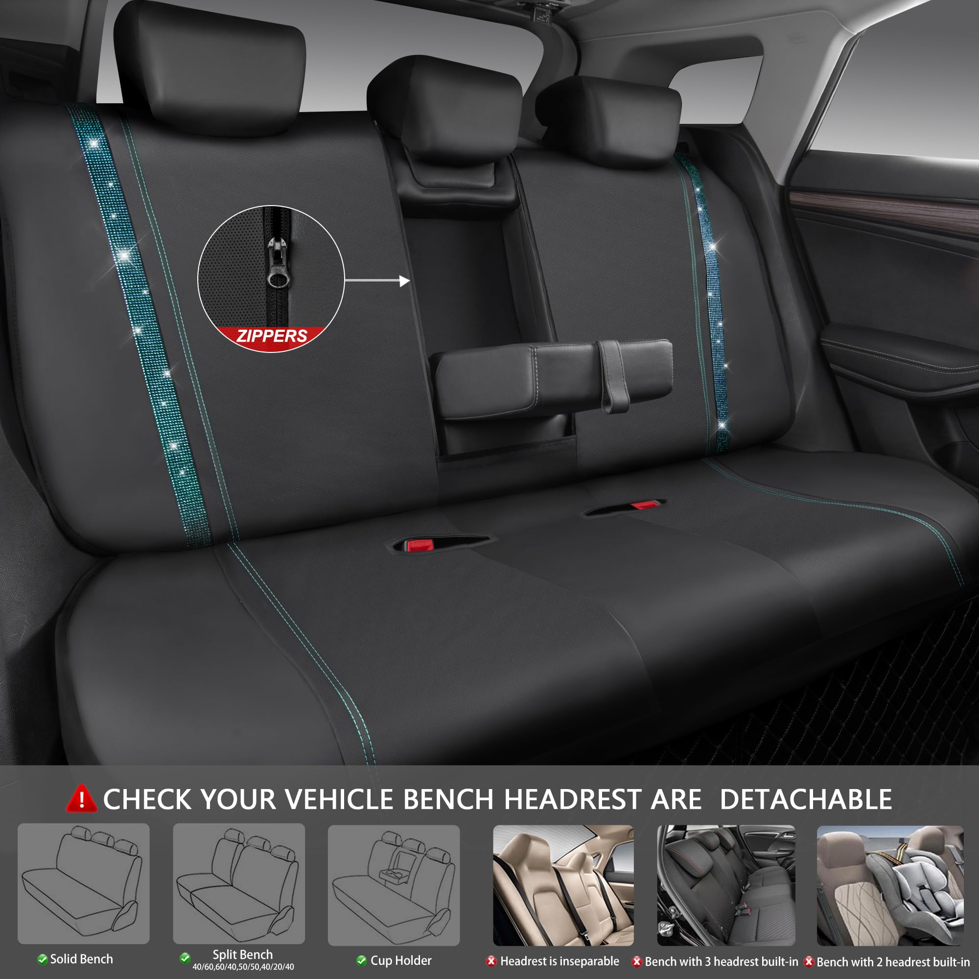 Car Pass Bling Car Seat Covers Full Sets, Shining Rhinestone Diamond Waterproof Leather, Rear With Zipper, Universal Fit Automot