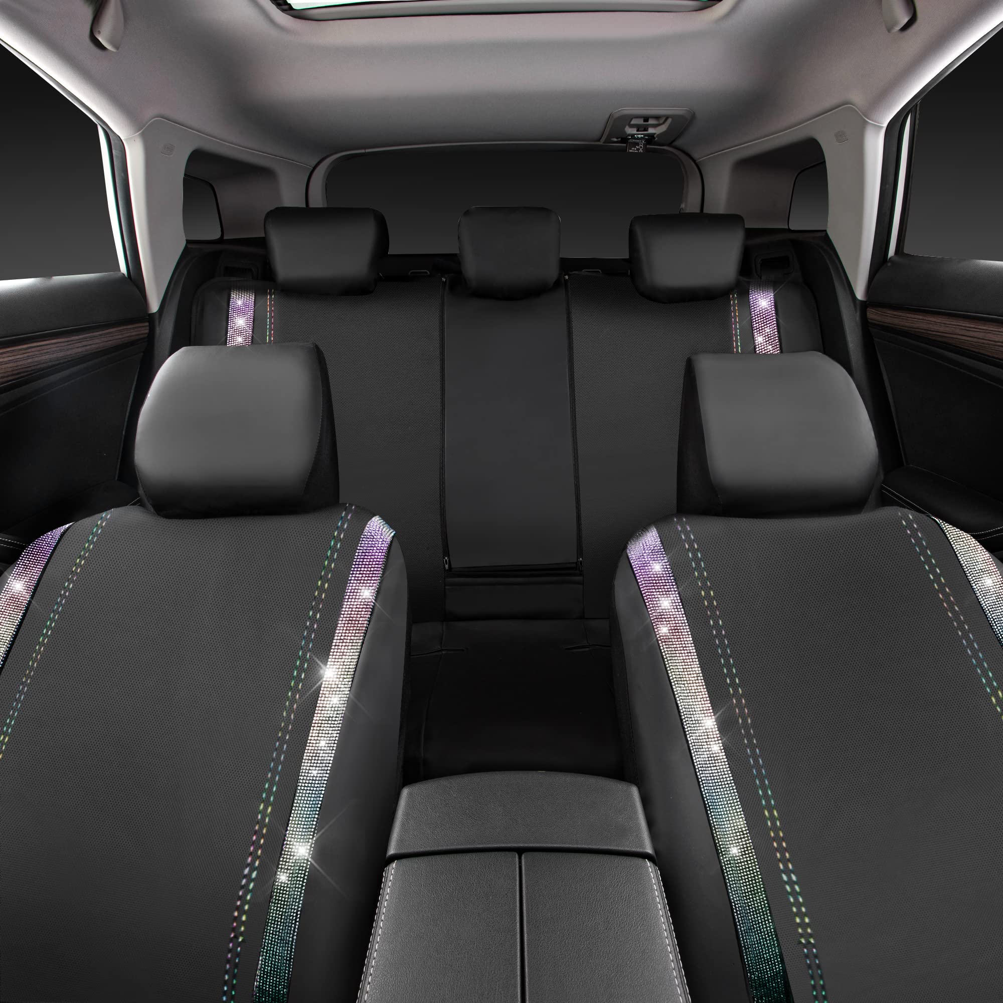 Car Pass Bling Car Seat Covers Full Set, Shining Rhinestone Diamond Waterproof Faux Leather, Rear With Zipper, Universal Fit Aut