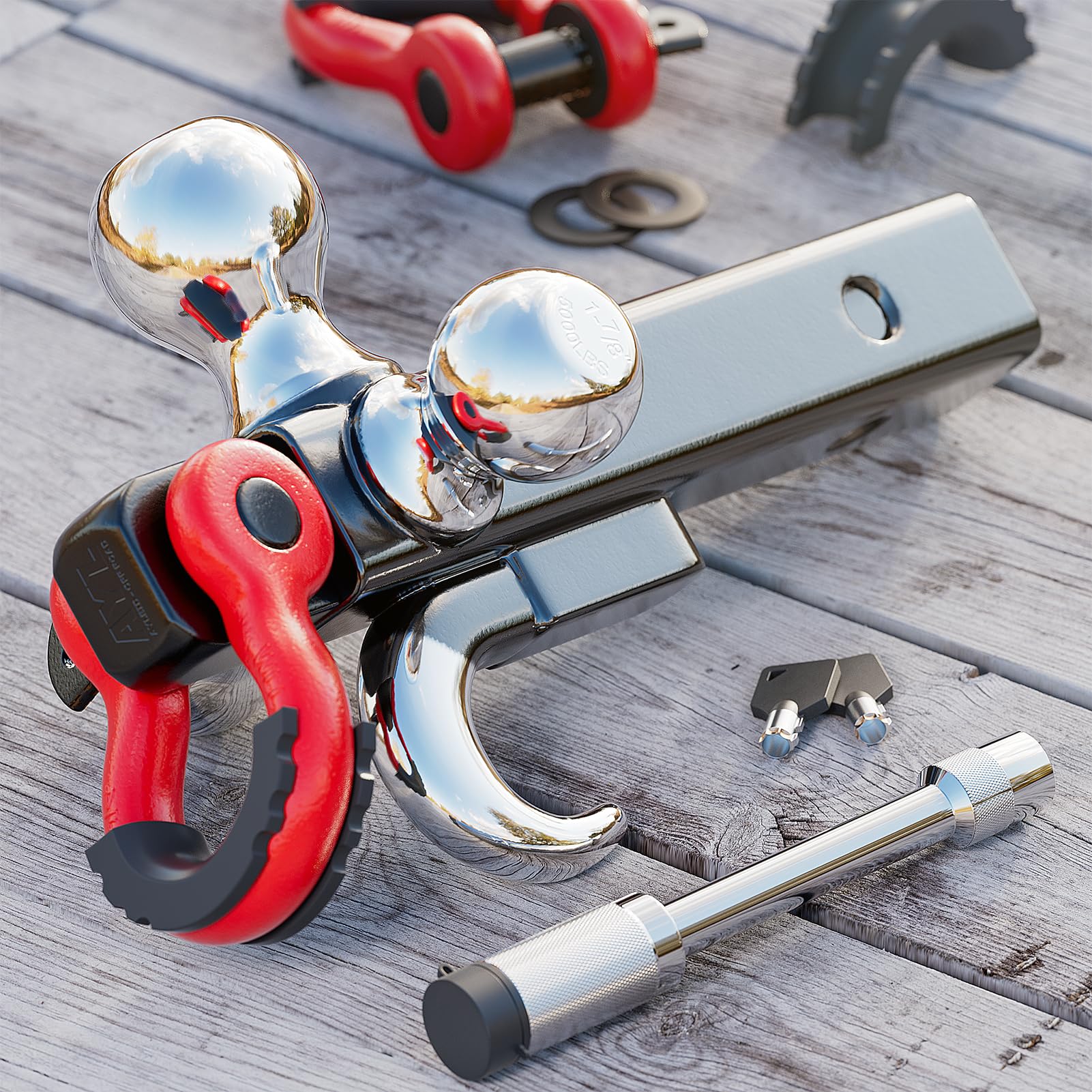 Ayleid Tri-Ball Hitch Mount with Hook & Lock, Fits 2-in Receiver, Includes 1-7/8", 2", 2-5/16" Balls, B-With