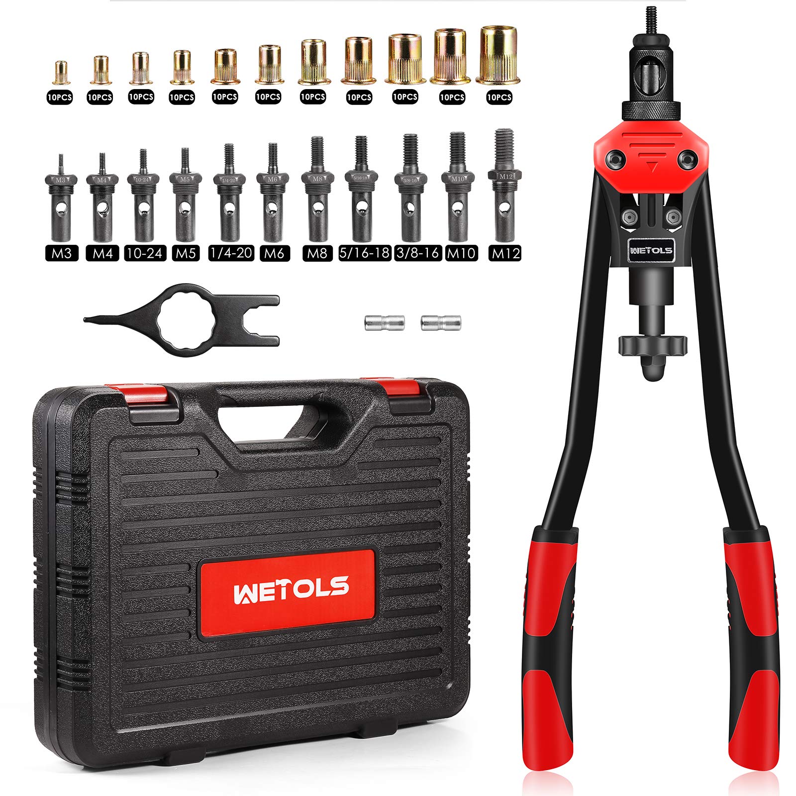 Wetols 16'' Rivet Nut Tool, Professional Rivet Nut Tool Kit With 11 Metric & Inch Mandrels M3 M4 M5 M6 M8 M10 M12, 10-24, 1/4-20