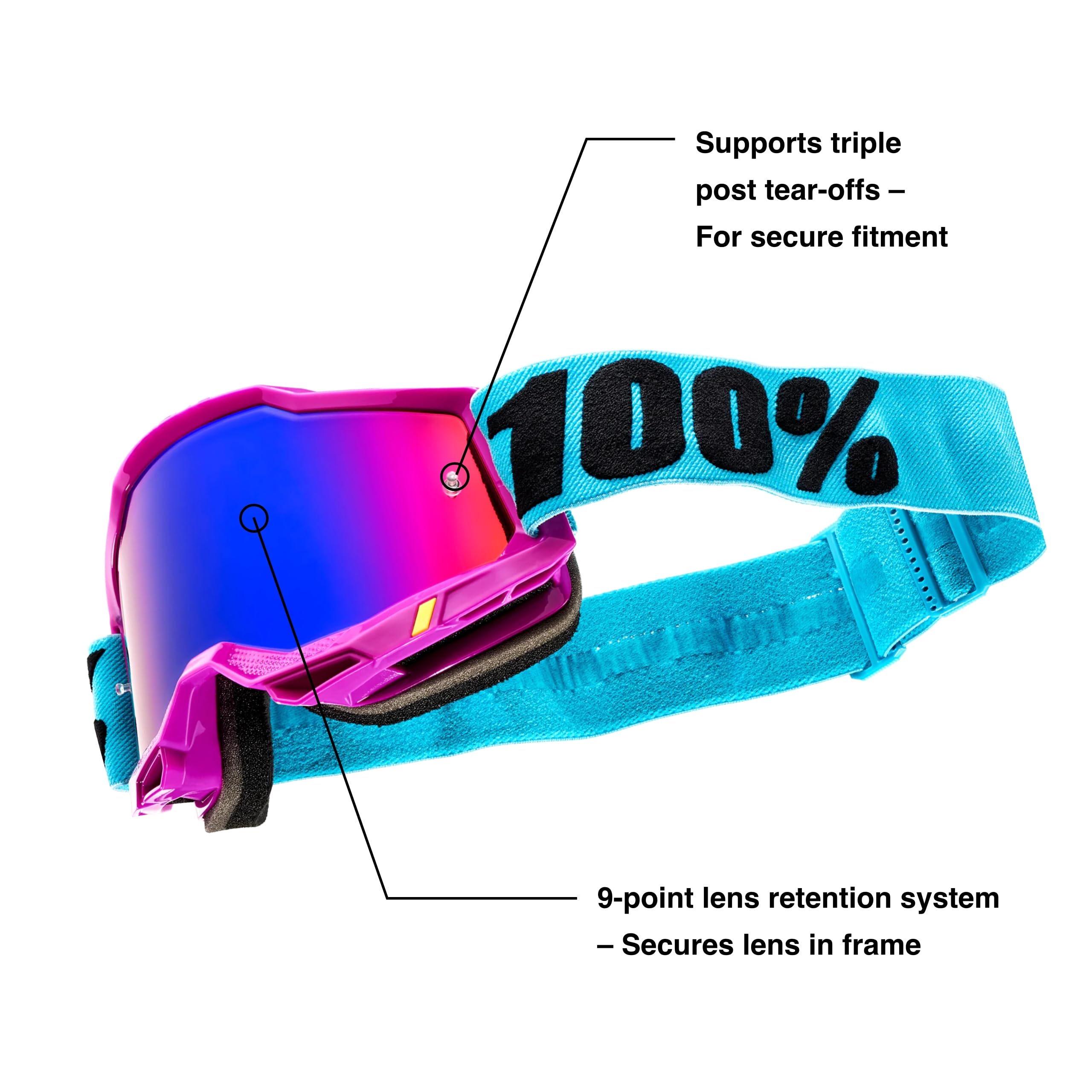 100% Accuri 2 Goggles - Eyewear For Motocross & Mountain Biking - Goggles For Dirt Bikes, Motorcycles & Bike Sports - Black, Cle