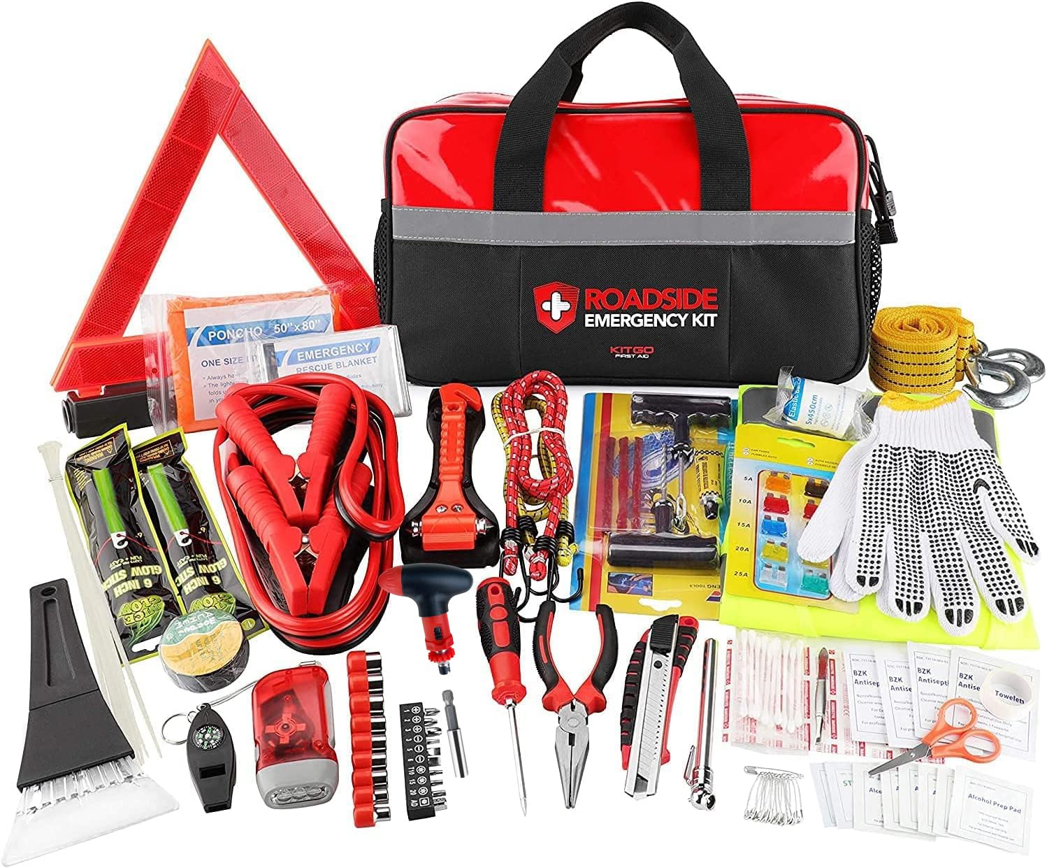 Kitgo Car Emergency Kit,Premium Roadside Assistance Essentials With Jumper Cables, Flashlight, Shovel, Screwdriver Set - Ideal A