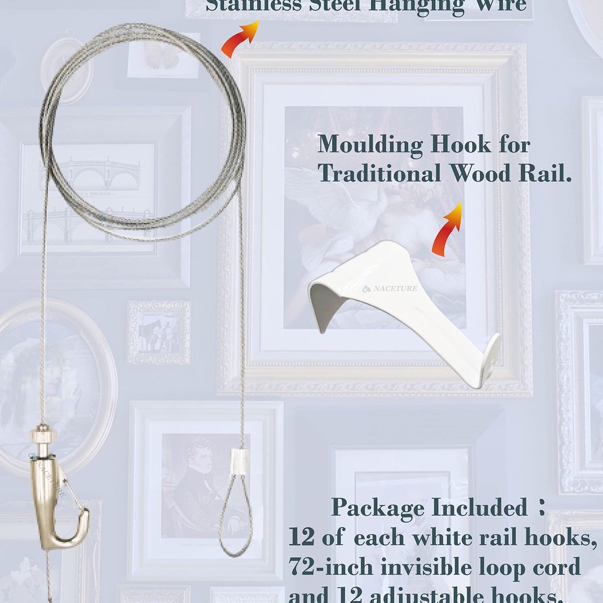 Picture Hanging Kit – Picture Rail Hooks with 12 of Each White Rail Hooks, 72 In WBHDWB09NXTW77P