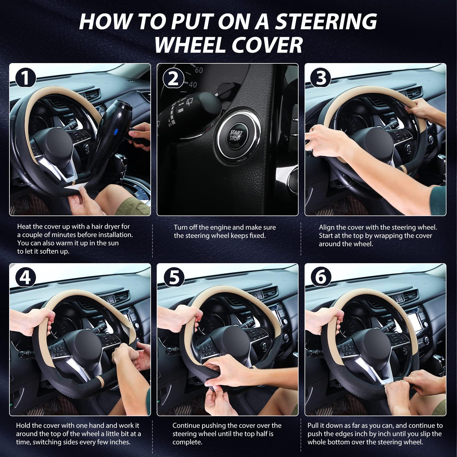 Seg Direct Flat Bottom Steering Wheel Cover Breathable, D Shaped Car Wheel Cover 14 1/2-15 In. (37-39 Cm), Black Beige Microfibe