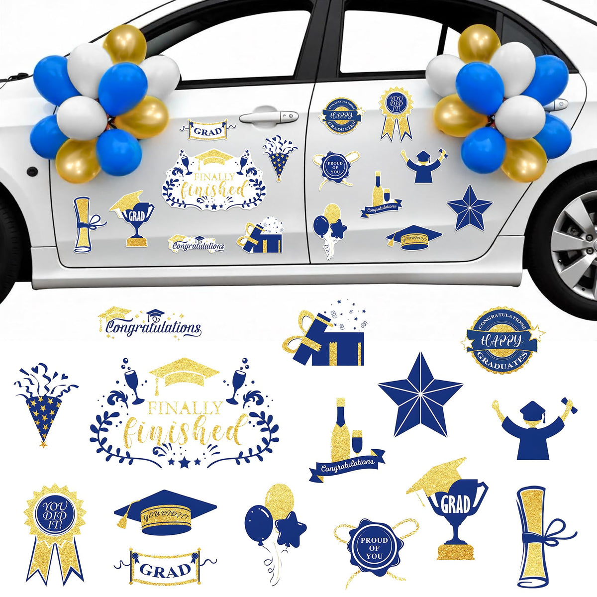 KatchOn, Blue and Gold Graduation Car Magnets with Balloons - Pack of 45 | Car Graduation Decorations Class of 2025 | Car Magnet