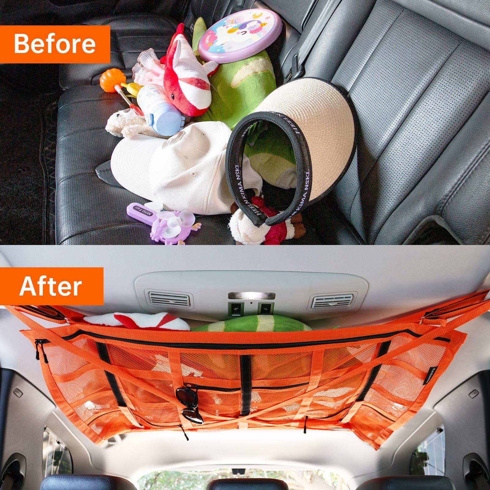Kaskawise Orange SUV Car Ceiling Cargo Net - 39.3 x 23.6, Double-Layer Mesh Roof Storage for Truck, Van, Travel & Camping Accessories