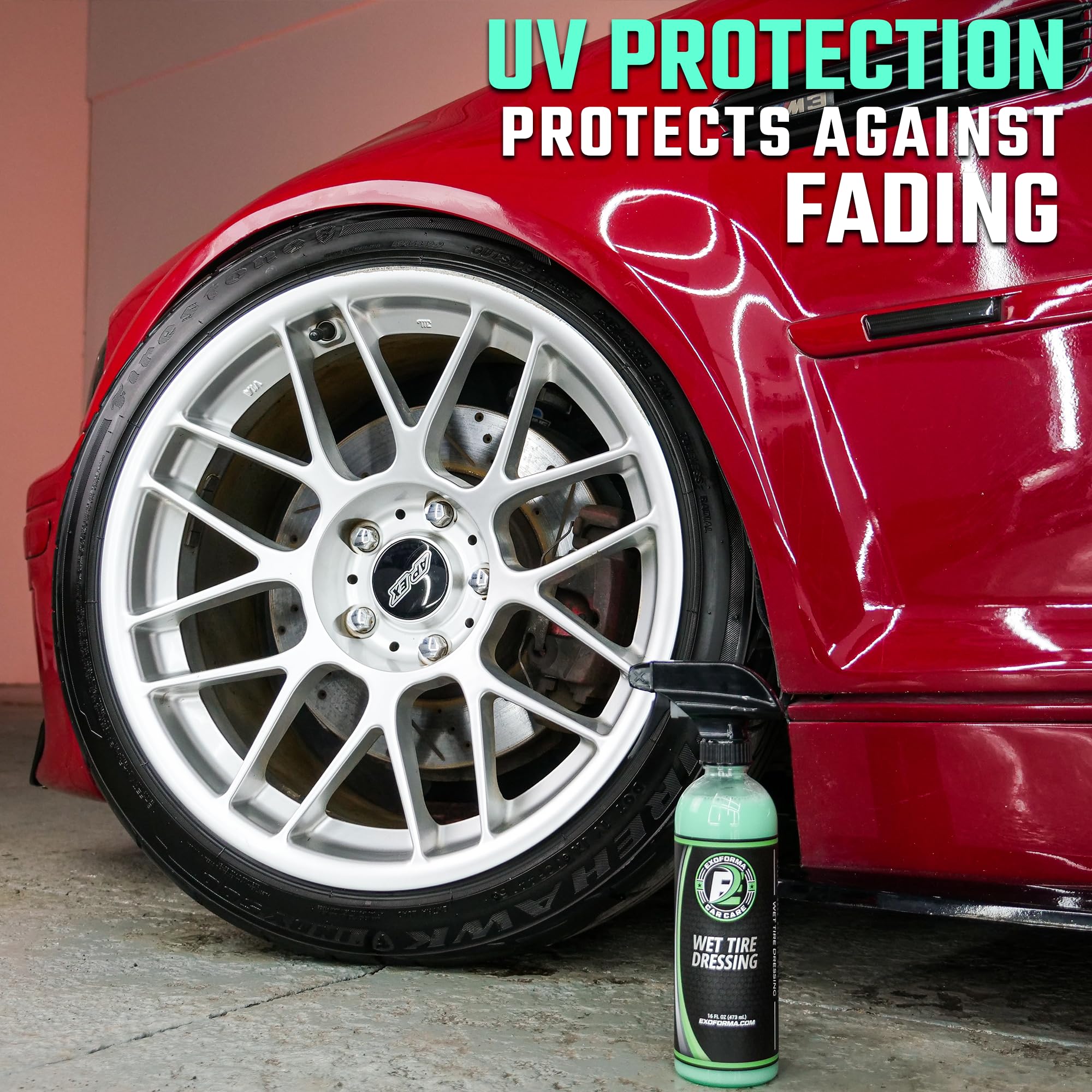 Exoforma Wet Tire Dressing Spray - Extremely High Shine Tire Dressing For That Wet Look - No Sling, Non-Greasy Silicone Formula