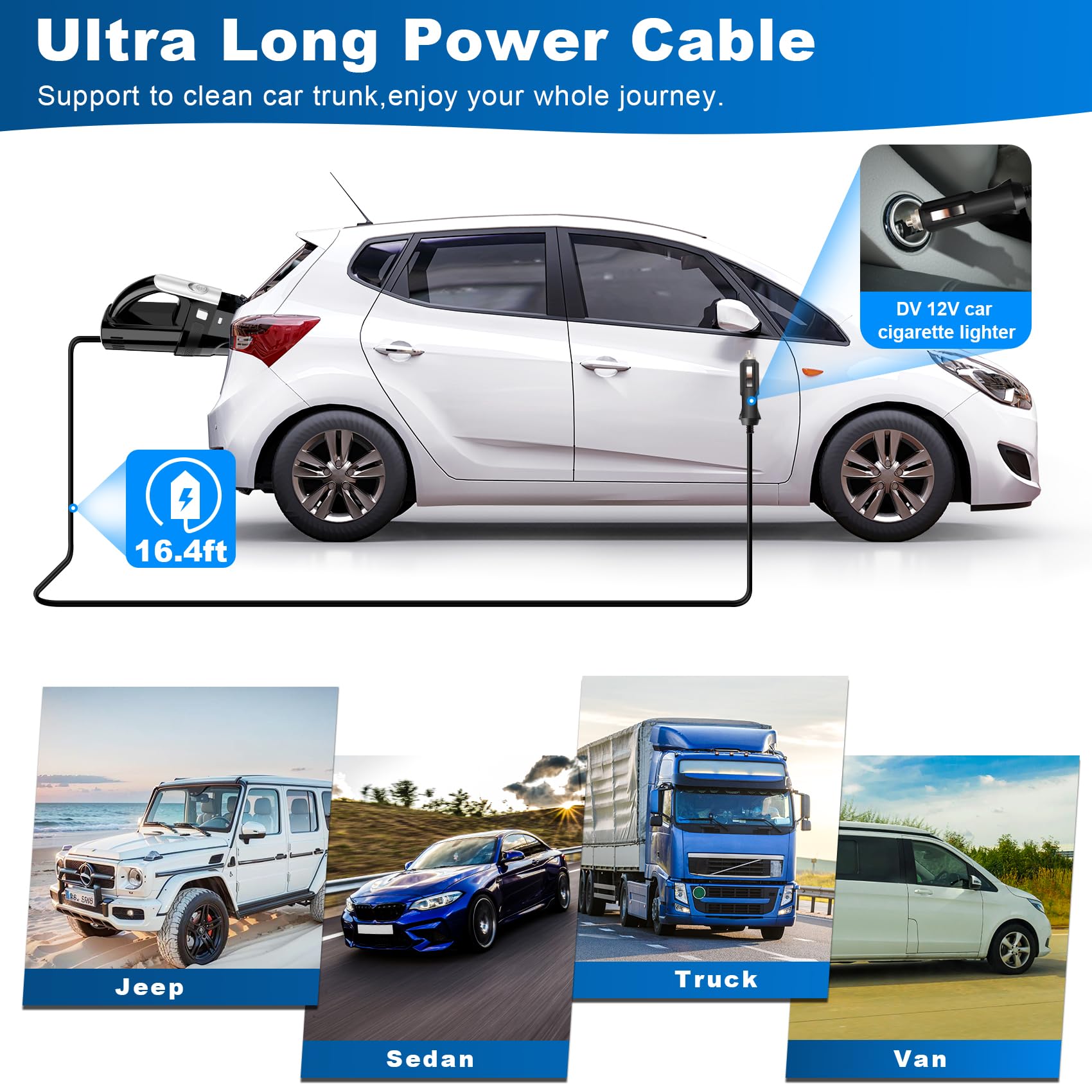 Drecell Car Vacuum, Portable Car Vacuum Cleaner With 7000Pa Suction, Dc 12V High Power 16.4Ft Cord Wired Vacuum Cleaner For Car,