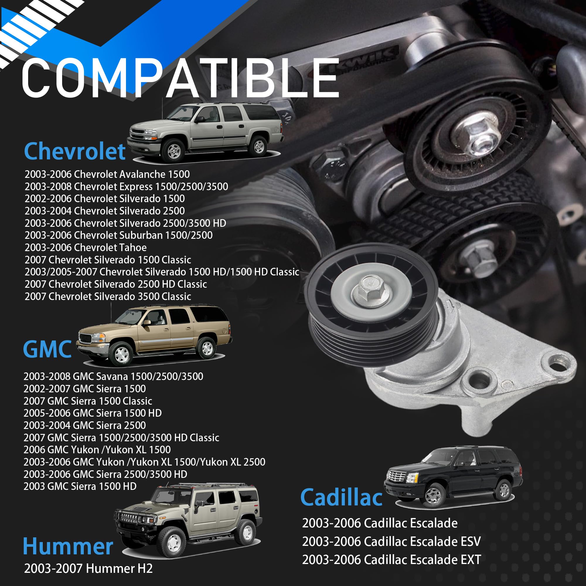 YzusGomumu Complete Serpentine Belt Drive Component Kit Compatible with 2003-2006 Chevrolet Avalanche Silverado Express, 2002-20