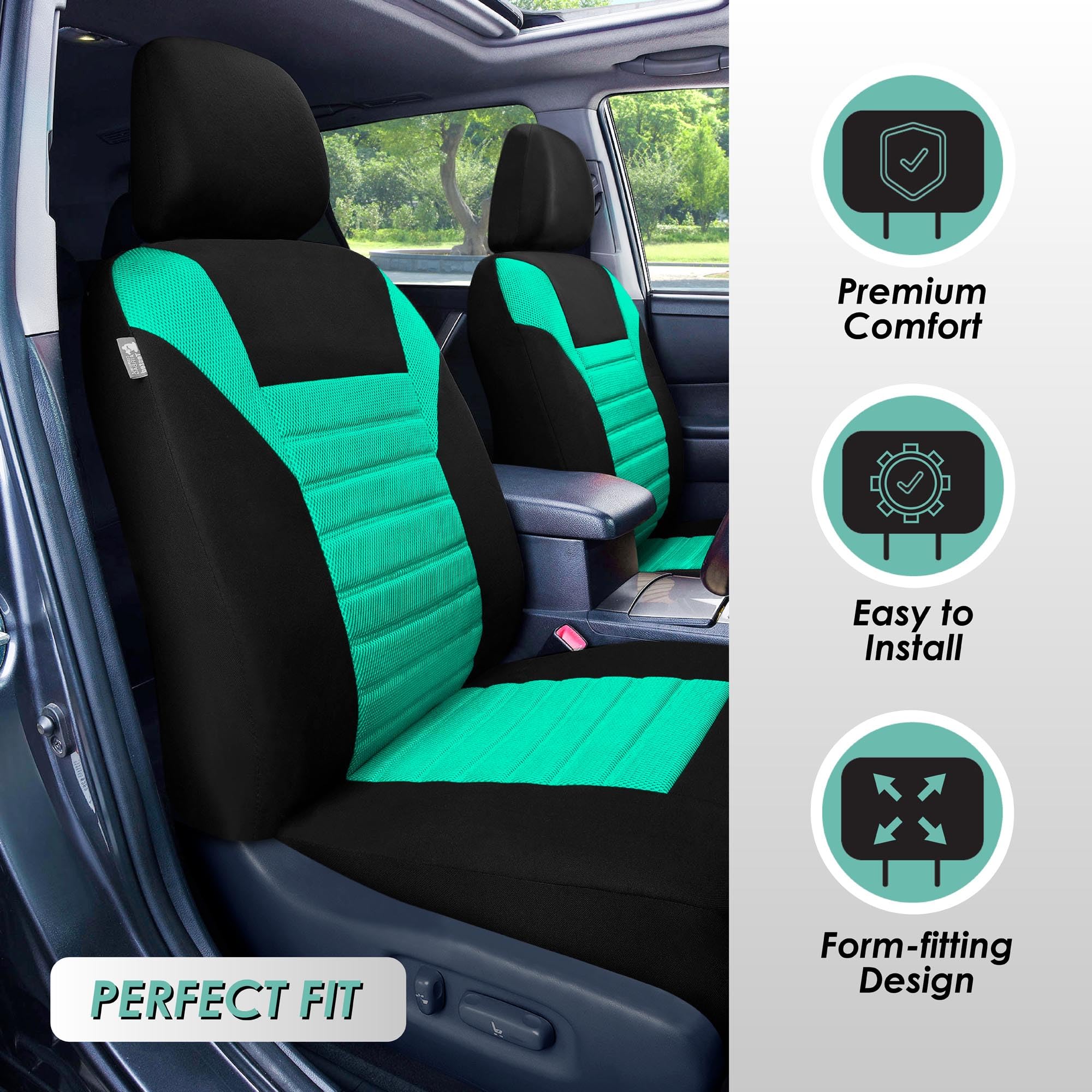 Fh Group Automotive Car Seat Covers Full Set Premium 3D Air Mesh Mint And Black Seat Covers, Airbag Compatible And Split Bench C
