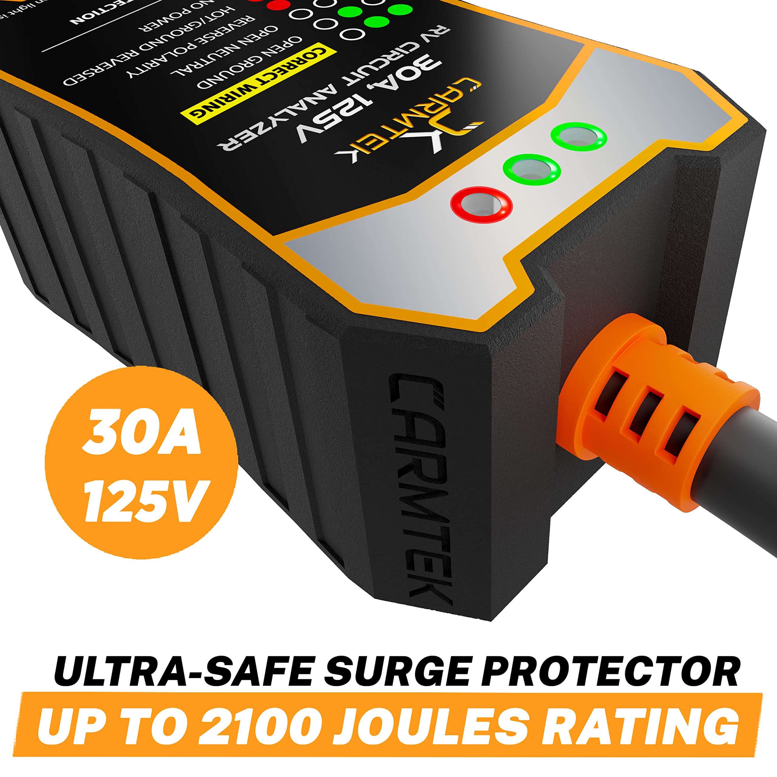 Carmtek Rv Surge Protector 30 Amp - Rv Circuit Analyzer With Integrated Surge Protection - Smart 30 Amp Surge Voltage Protection With Grip Handles