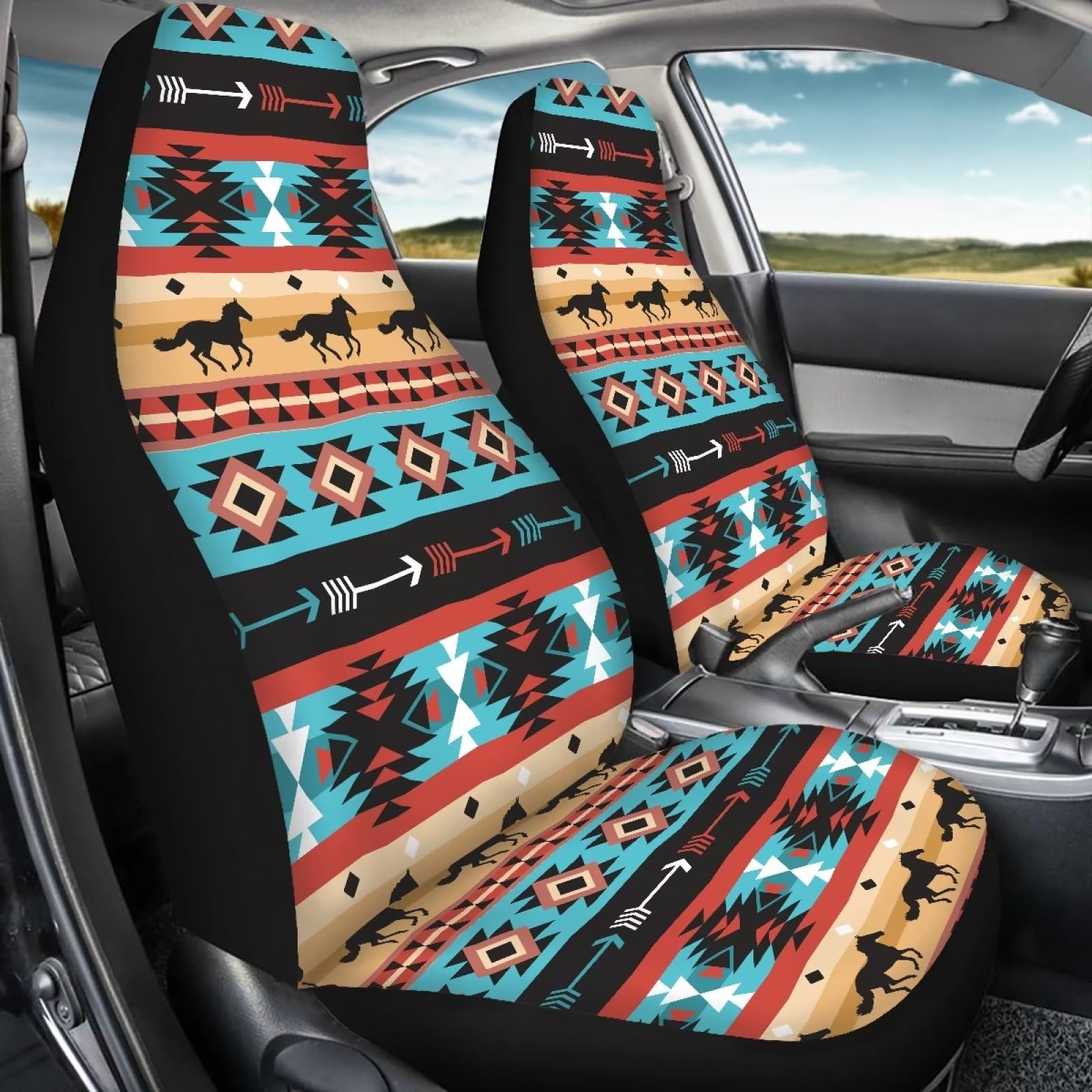 Salabomia Western Horse Car Seat Cover for Women, Aztec Universal Fit 2 Piece Stretchy Breathable Bucket Vehicles Seat Cover Fro