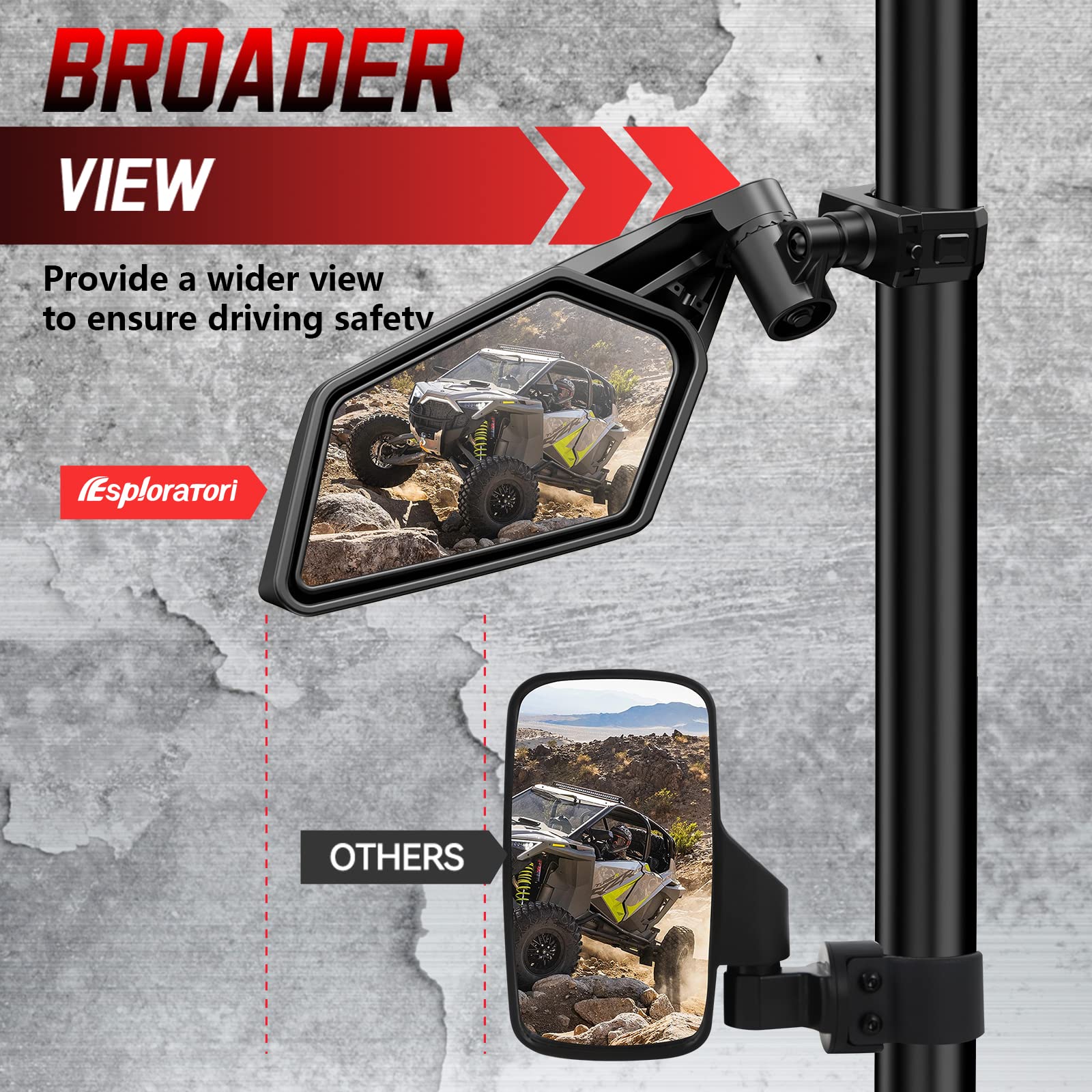 Esploratori UTV Side Mirrors for 1.5''-2'' Roll Bar SXS RZR Side Mirrors with Adjustable Mirror Compatible with Polaris RZR 1000