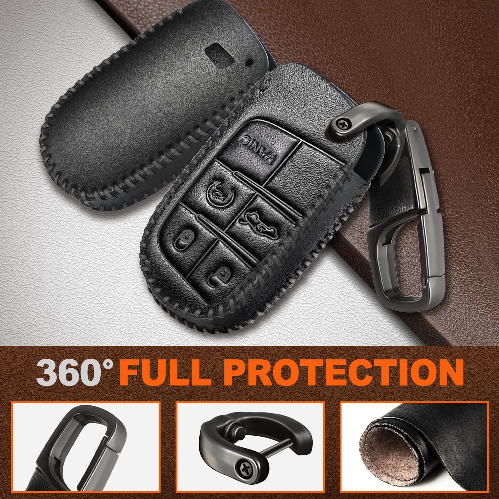 Slohif For Jeep Leather Key Fob Cover Accessories For Grand Cherokee Renegade Chrysler 200 300 Dodge Ram Durango Challenger Journey Dart Fiat 5 Buttons, Leather Case+D-Ring+Hook(Black)