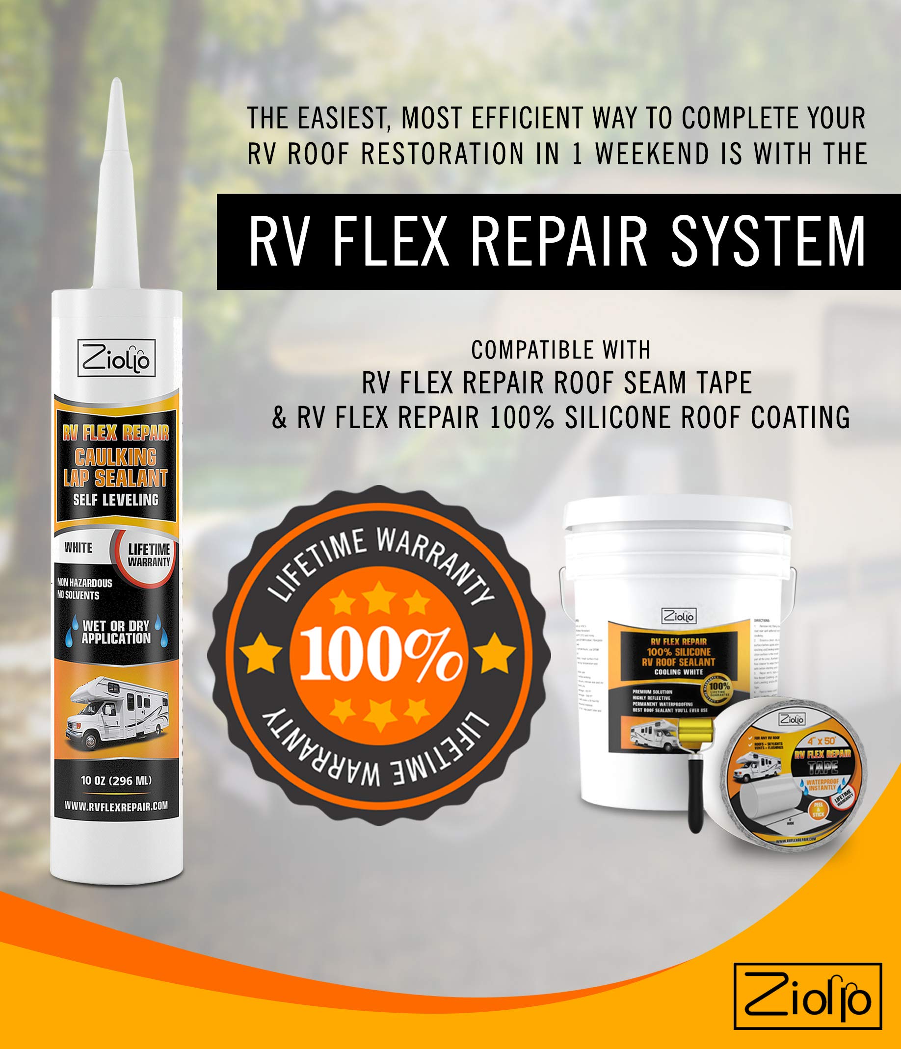 Ziollo Rv Flex Repair Caulking Lap Sealant - Self Leveling Epdm Sealant For Rubber Roofs On Motorhomes, Trailers, Campers (White, 4-10 Oz Tubes Of Rv Caulk)
