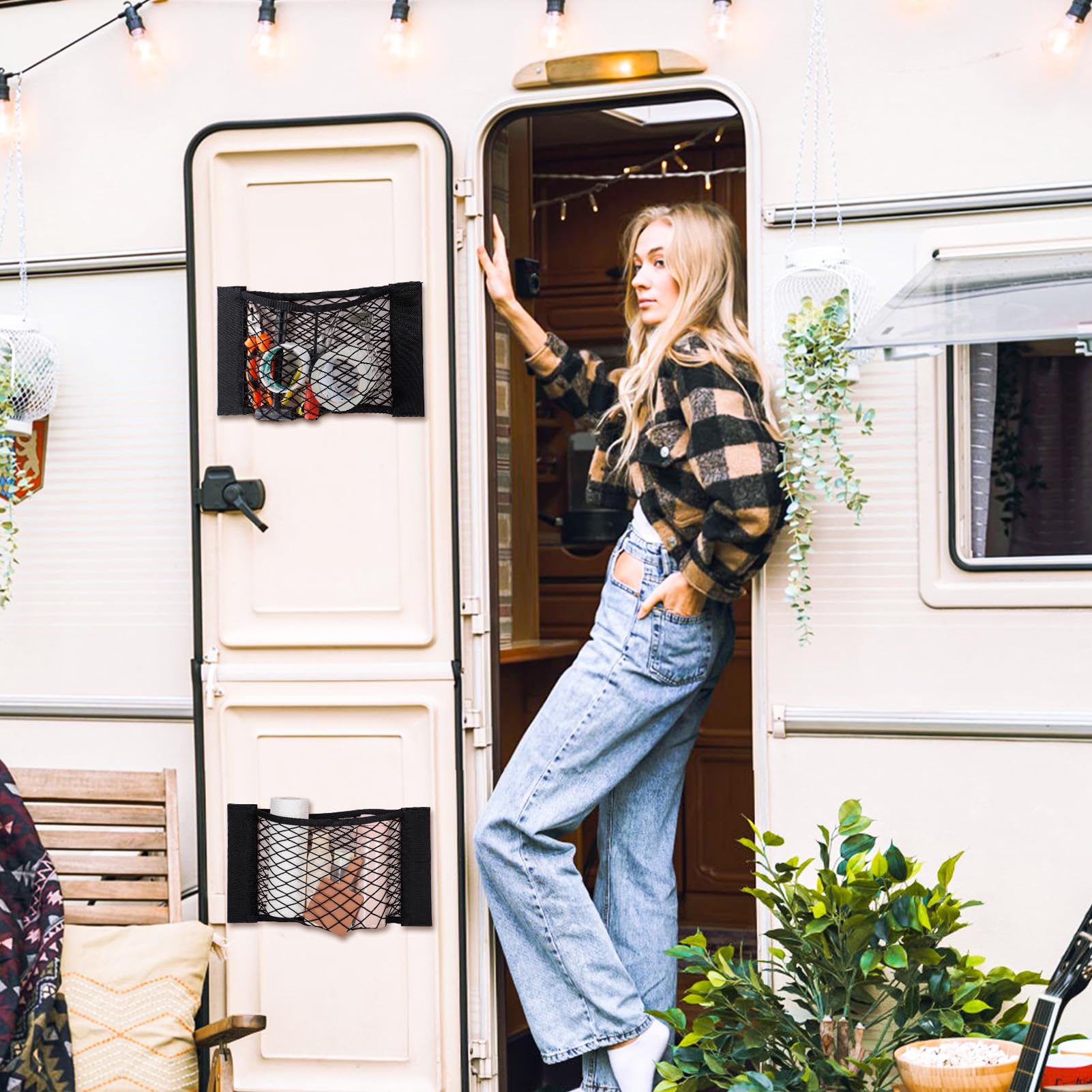 Bigmeta 2PCS RV Cargo Storage Mesh Net, Elastic Stretchable Netting Pocket with 4 Adhesive Strip Wall Sticker for SUV, Truck(17.