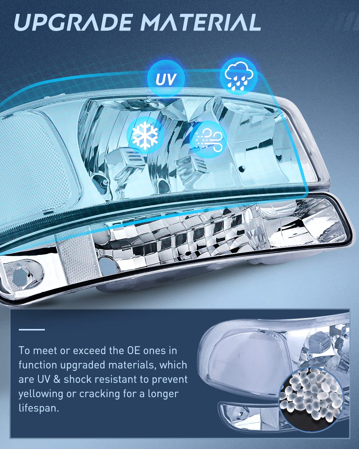 Nilight Headlight Assembly Compatible for 1999 2000 2001 2002 2003 2004 2005 2006 GMC Sierra Yukon, Chrome Housing Clear Corner Clear Lens, Headlights Assembly Replacement
