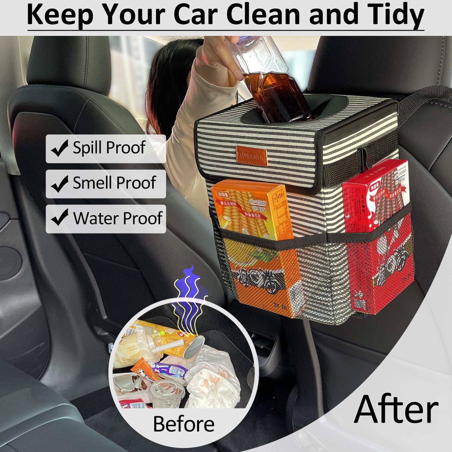 Elongriver Car Trash Can Bin For Car Back Seat Leak Proof, Cute Car Trash Bag Hanging, Vehicle Trash Can For Suv Truck Van, Automotive Car Garbage Cans Front Seat Stripe