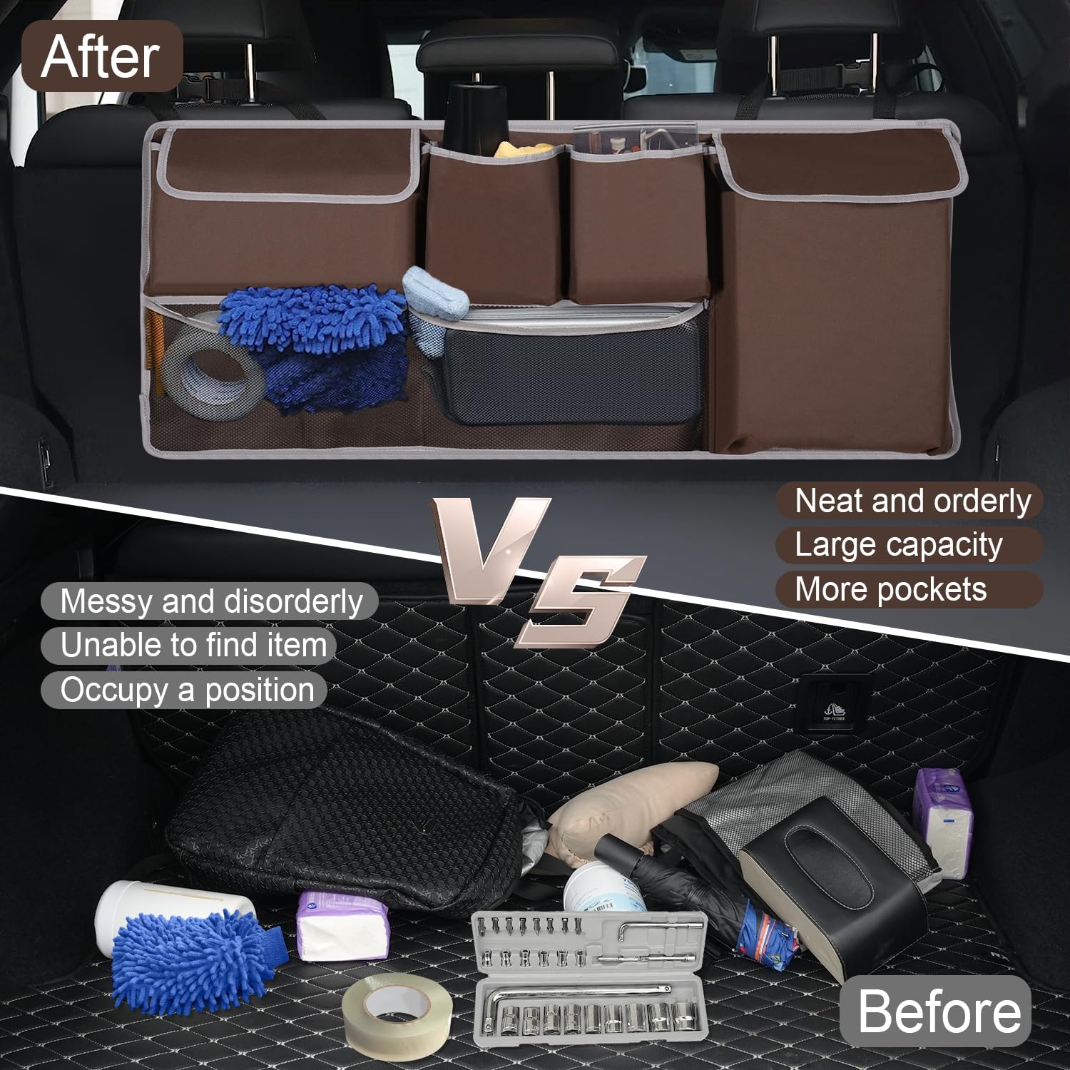 Uyye Trunk Hanging Organizer, Backseat Storage Bag, Collapsible Car Interior Accessories With 4 Pockets & 2 Mesh Pouches For Too